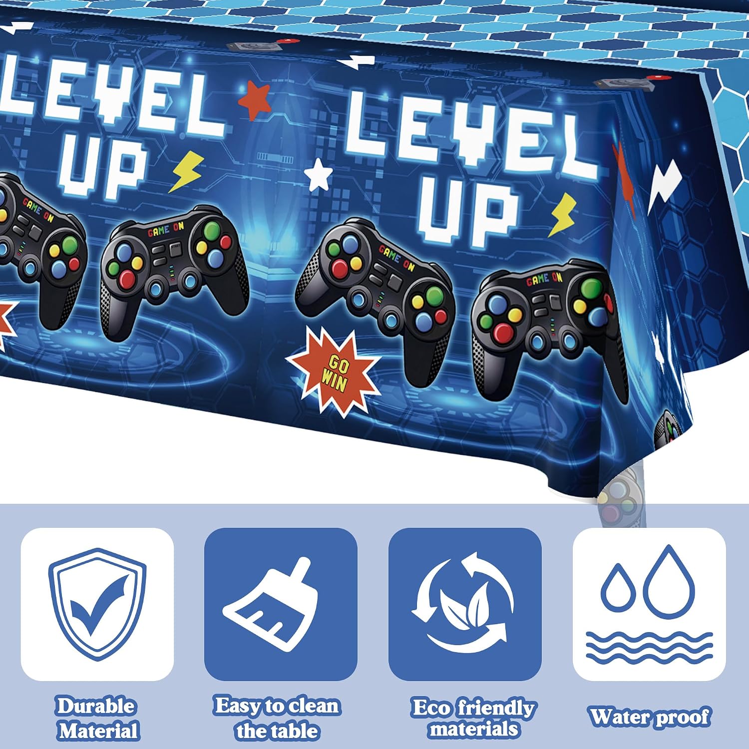 Kinovo 3Pcs Video Game Tablecloths, Video Game Birthday Decorations Table Cover for Party Decoration (54 x 108 Inch Blue) image 3