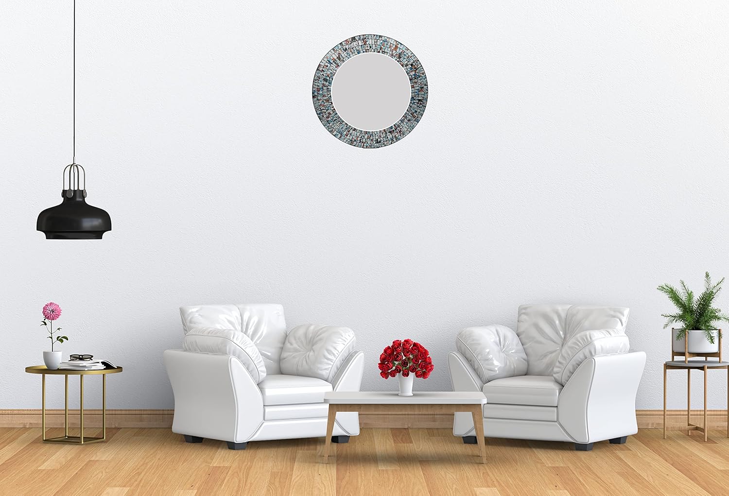Mosaic Mirror, Wall Art Décor – 24” Round Handcrafted Decorative Wall Mirror, Silver, Sky Blue, and Maple Brown Mosaic Tiles with Embedded Imperial Design