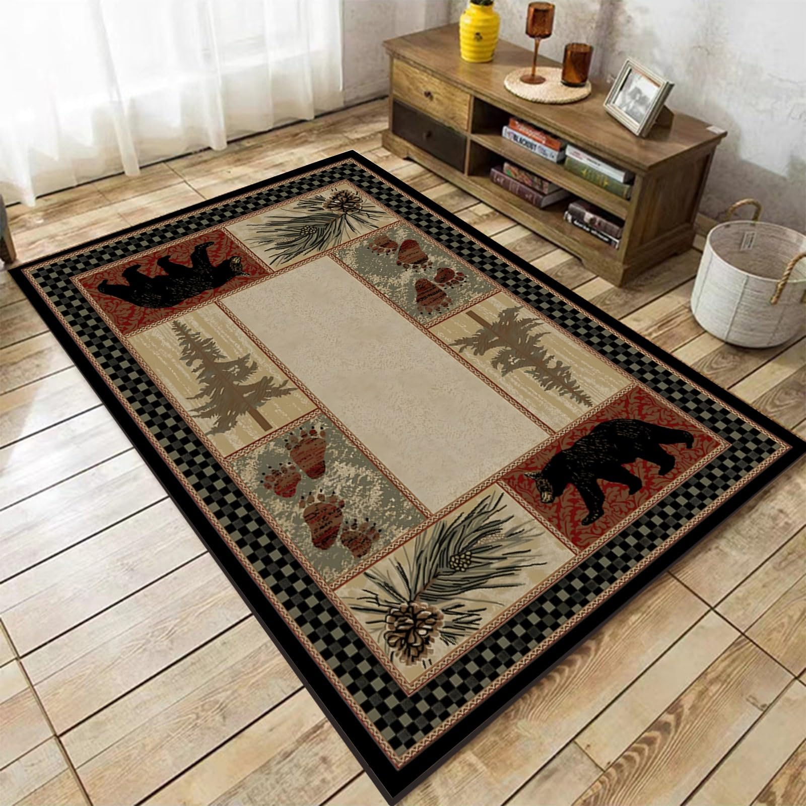 Rustic Area Rug, 5x8ft, Cabin Forest Black Bear Paw Kids Rugs, Rubber Backed Machine Washable Anti-Slip Rug, Soft Foldable Breathable Home Decor