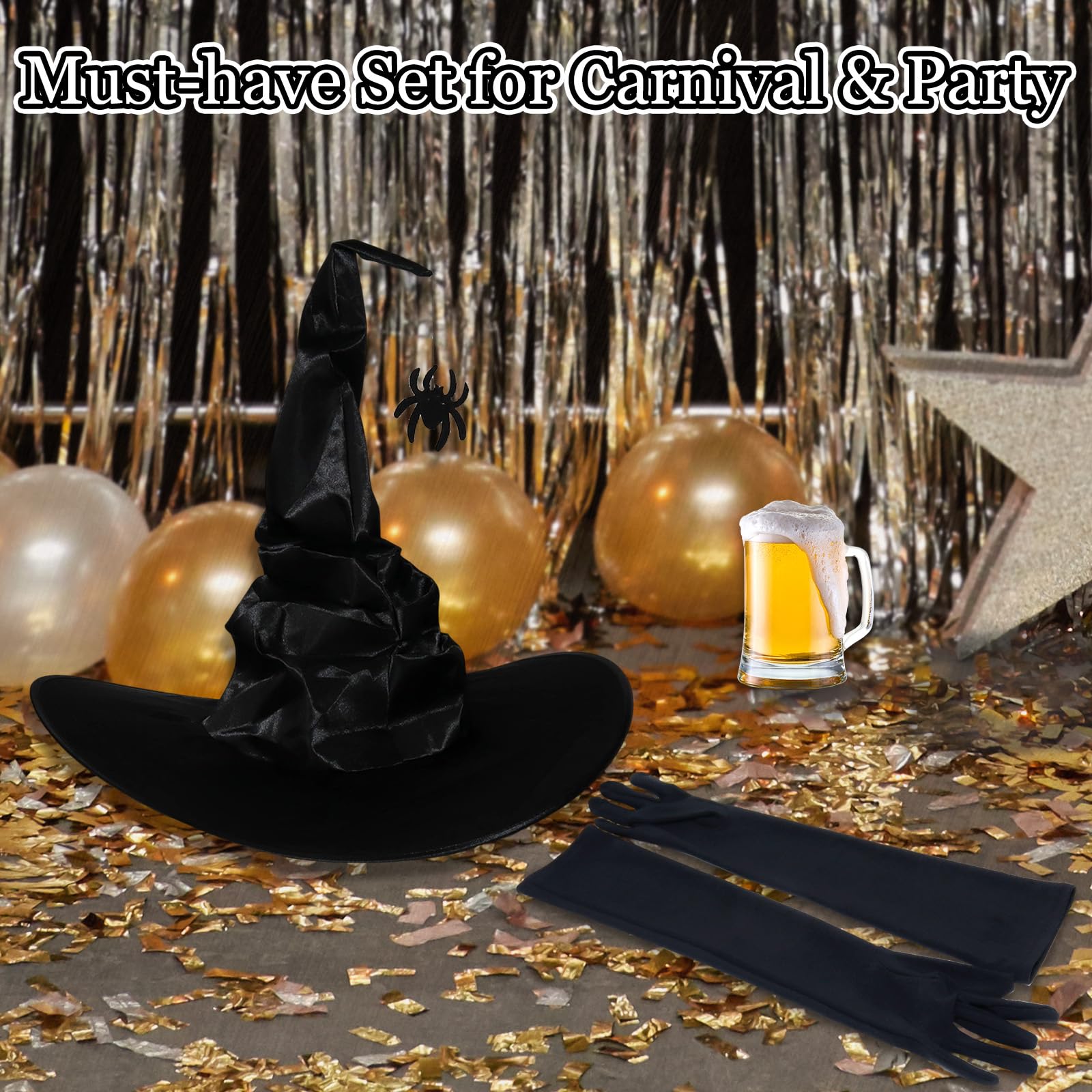 HSSPYY Witch Hat & Long Gloves Set for Women, Satin Foldable Witch Hat with Spider Charm & 45cm Stretch Gloves - Image 4