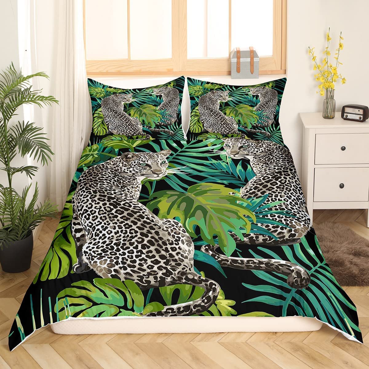 Homewish Funda de edredón con estampado de leopardo 3D, funda de edredón con estampado de guepardo, hojas de palma tropicales, juego de ropa de cama de animales de safari africano, funda de edredón de