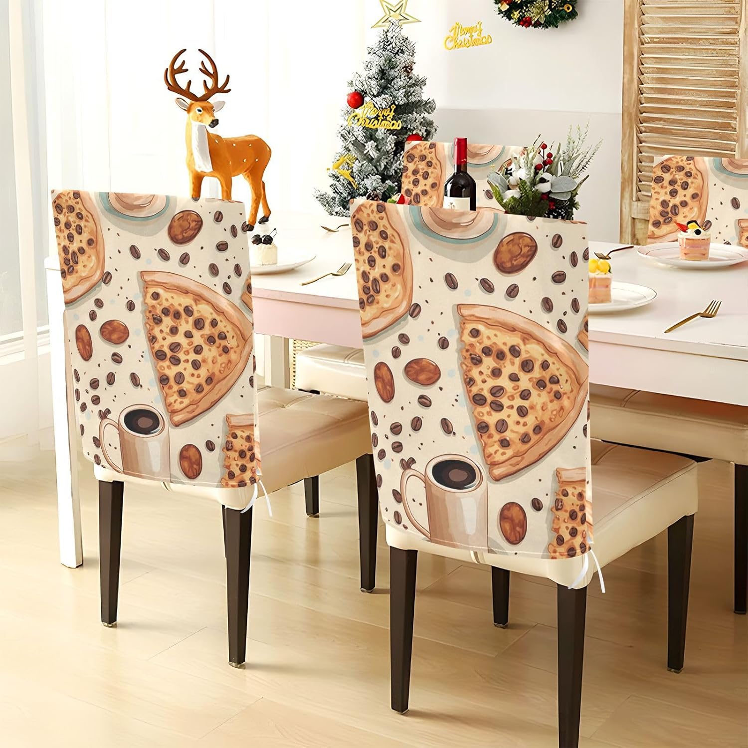 ALAZA Coffee Bean Pizza Vintage Chair Back Cover Set of 6, Washable Reusable Removable Chair Slipcovers Decorative Chair Cover for Home Kitchen Wedding Party