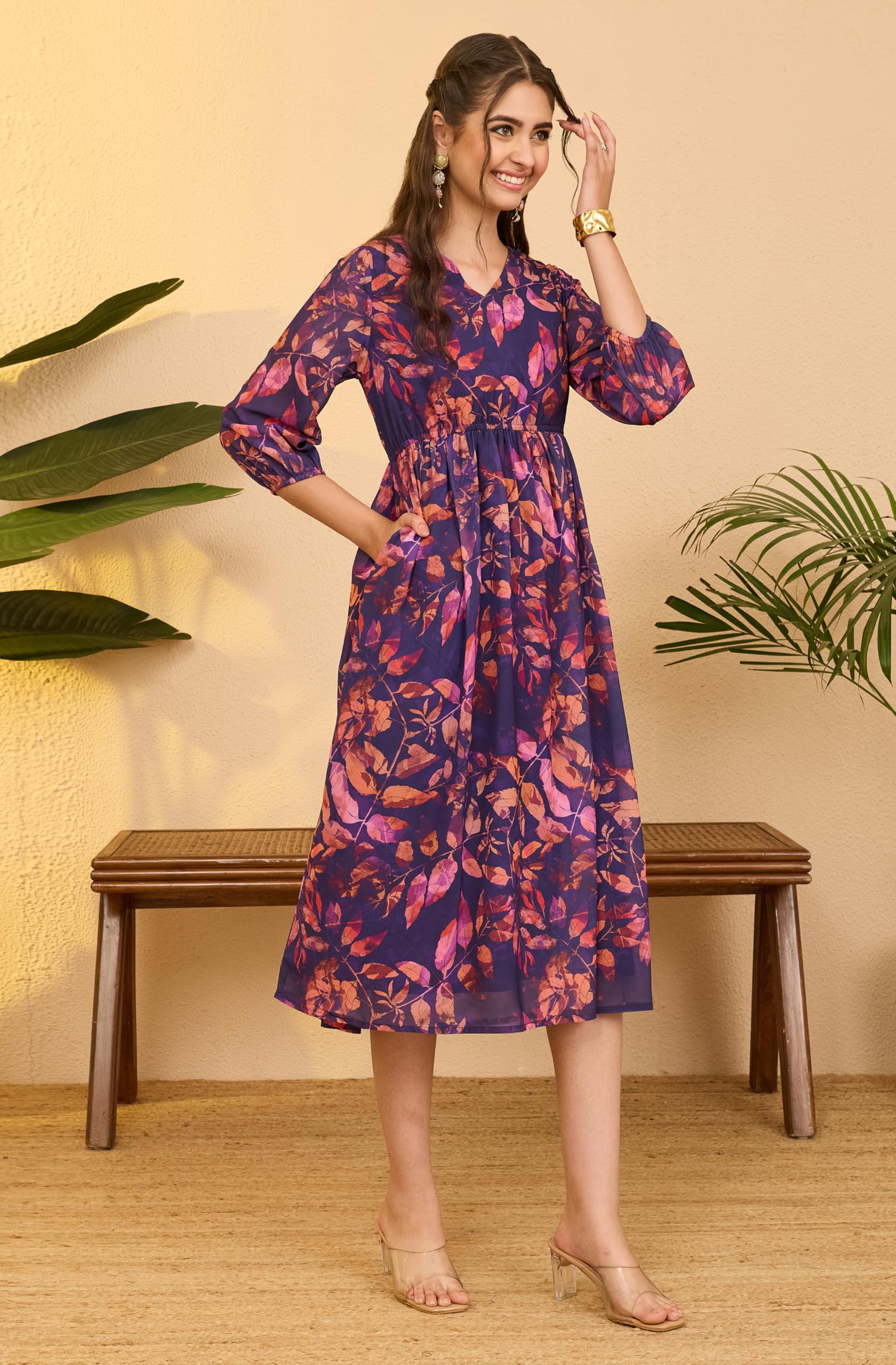Janasya Abito da donna in georgette viola con stampa botanica