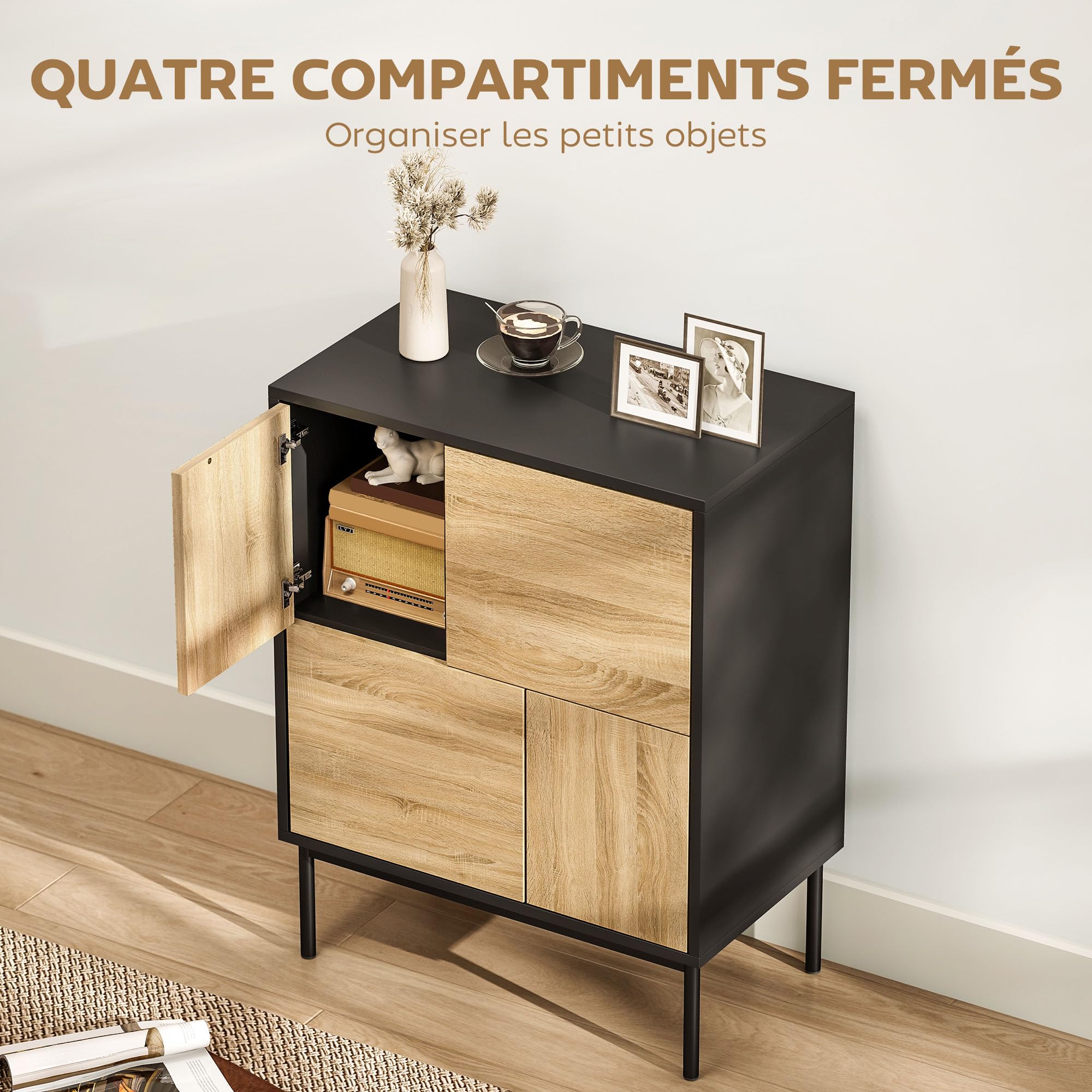 HOMCOM Buffet Salon Meuble Bas 60 x 35 x 78 cm Noir et Effet Bois Naturel | Meuble de Rangement, Armoire de Cuisine, Portes à Pousser, 4 Placards, Style Moderne, Buffet Salle à Manger et Salon