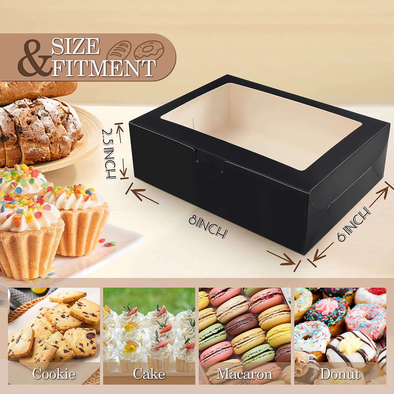 KPOSIYA 65 cajas de galletas de 8 x 6 x 2.5 pulgadas con ventana, cajas de panadería negras para regalo, golosinas, postres, cupcakes, chocolate, fresas, donas, magdalenas (5 ventanas de estilo)