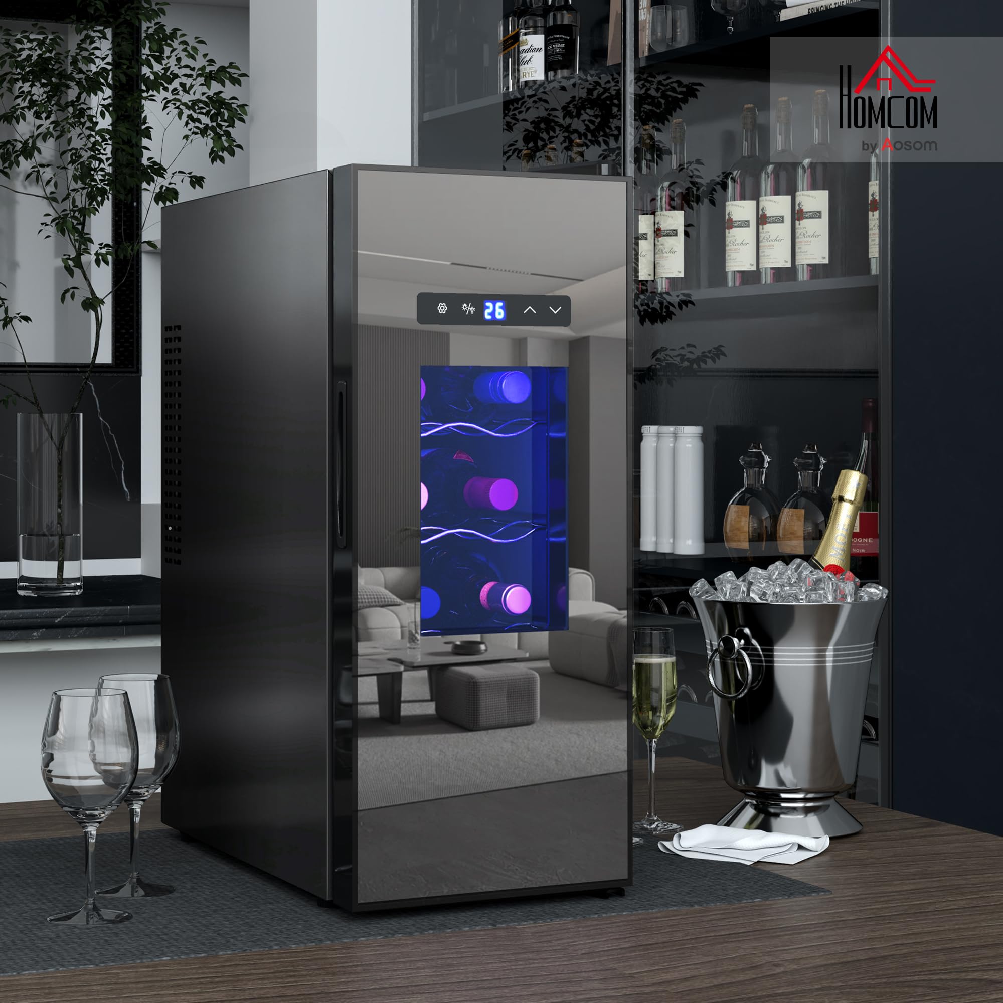 HOMCOM Weinkühlschrank Kompressor 12 Flaschen 30L Getränkekühlschrank 8-18°C Touchscreen Glastür LED-Beleuchtung Schwarz