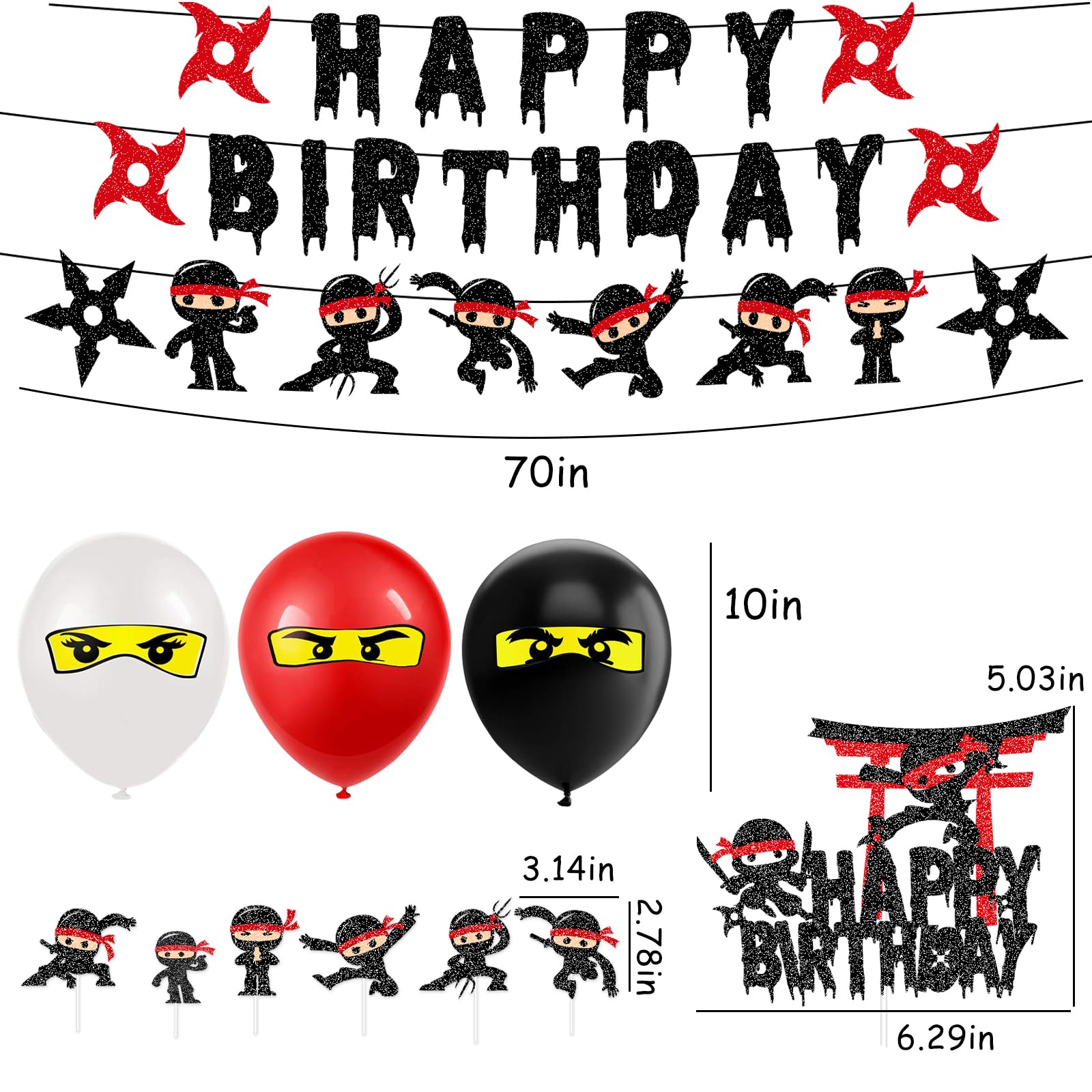Kit Décoration Anniversaire Ninja 44 Pièces - Ballons, Bannière Et Toppers Thème Dessin Animé