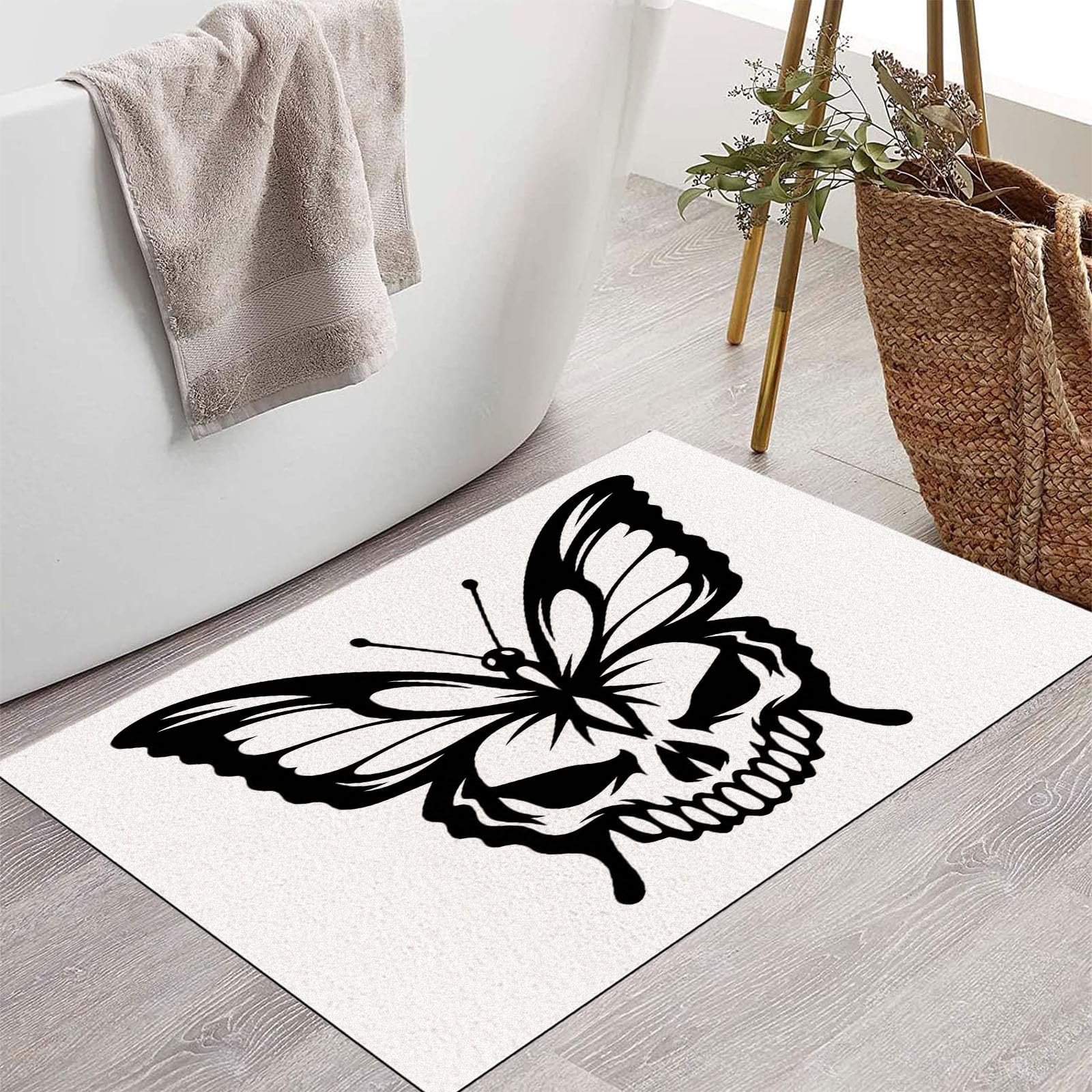 Zerbino Ingresso Interno Teschio Gotico E Farfalla, Zerbino Di Benvenuto Lavabile Morbida Animale Oscuro, Antiscivolo Tappeto Da Decorazioni Beige Per Casa Porta, 60X90Cm