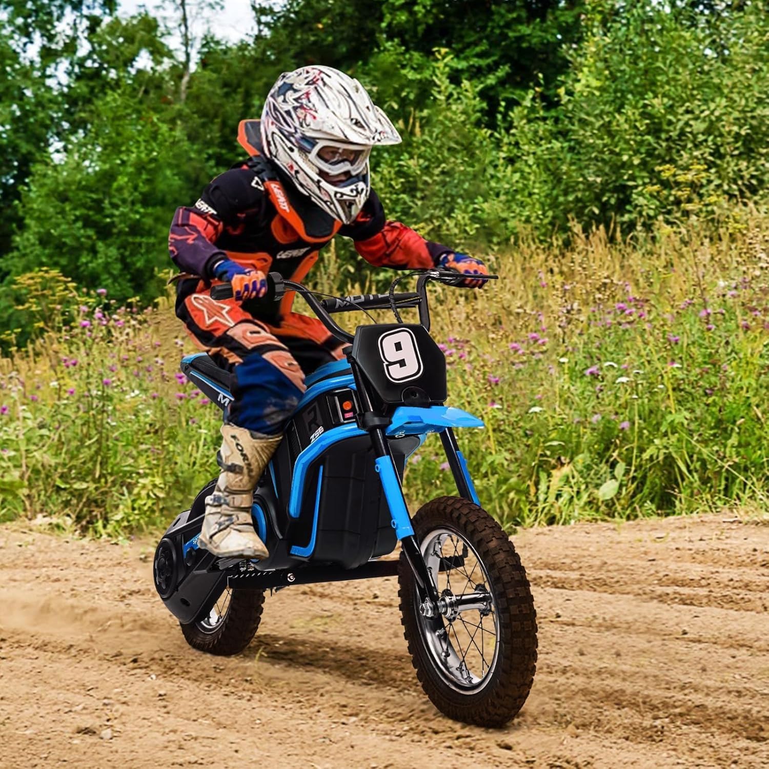 Garvee Moto Électrique Enfants 12V avec Double Batterie et Moteur 250W | Motocross Électrique avec Amortisseur, Roues Résistantes, Vitesse 10-23 km/h, Charge 65 kg, pour Enfants 13+ Ans, Bleu