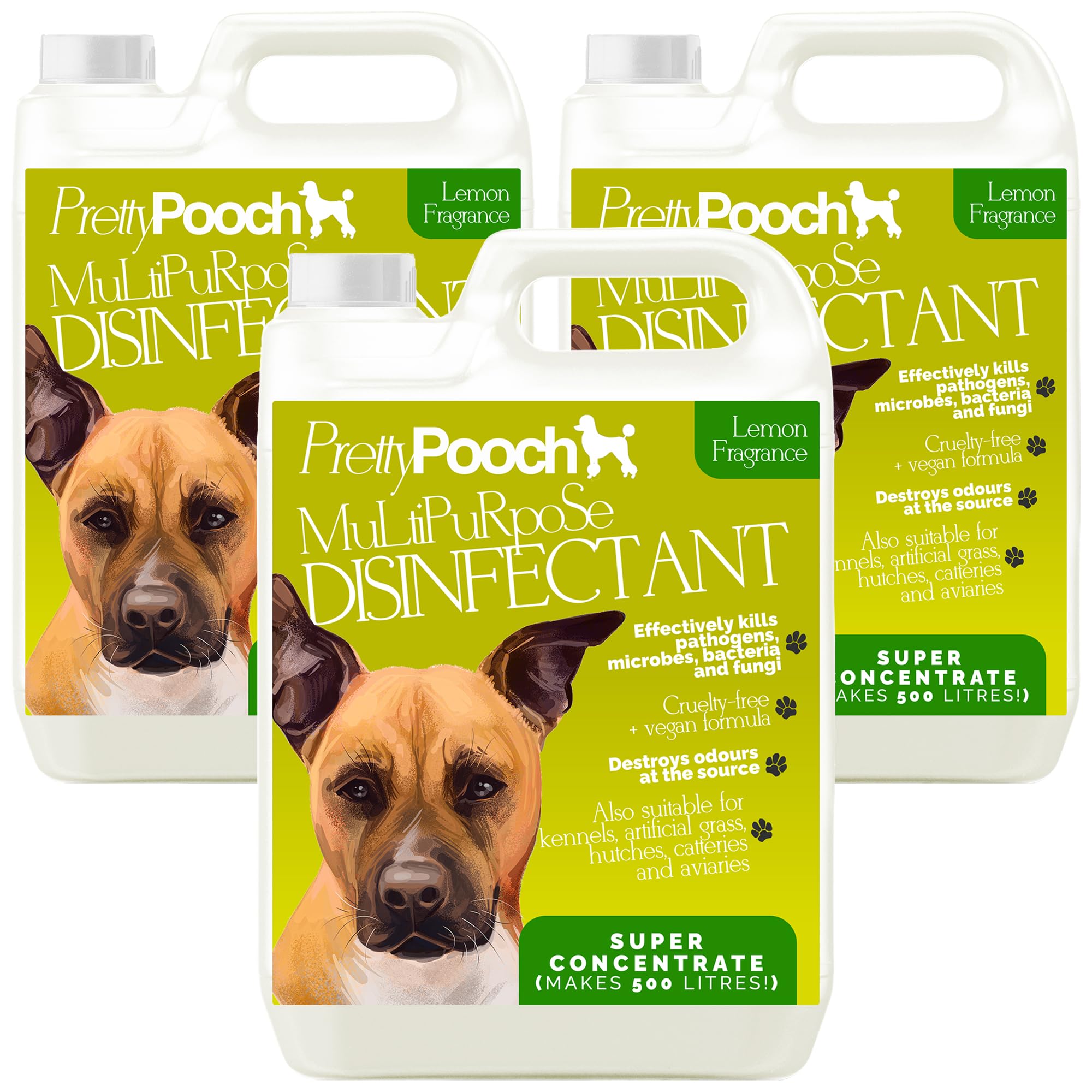 Pretty Pooch Multipurpose Disinfectant - Cleaner, Sanitiser, Deodoriser - Concentrated Formula - For Use in Kennels, Catteries, Hatches - Cruelty Free Formula - 3 x 5L (Lemon)
