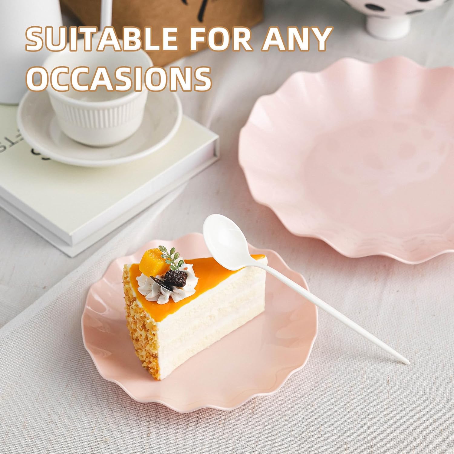 HOMIP 40PCS Pink Scallopde Plastic Plates, Reusable Plates Include 20PCS Dinner Plates 10", 20PCS Dessert Plate 7", Unbreakable Dishwasher Safe Plastic Plates Perfect for Daily Use, Wedding and Party