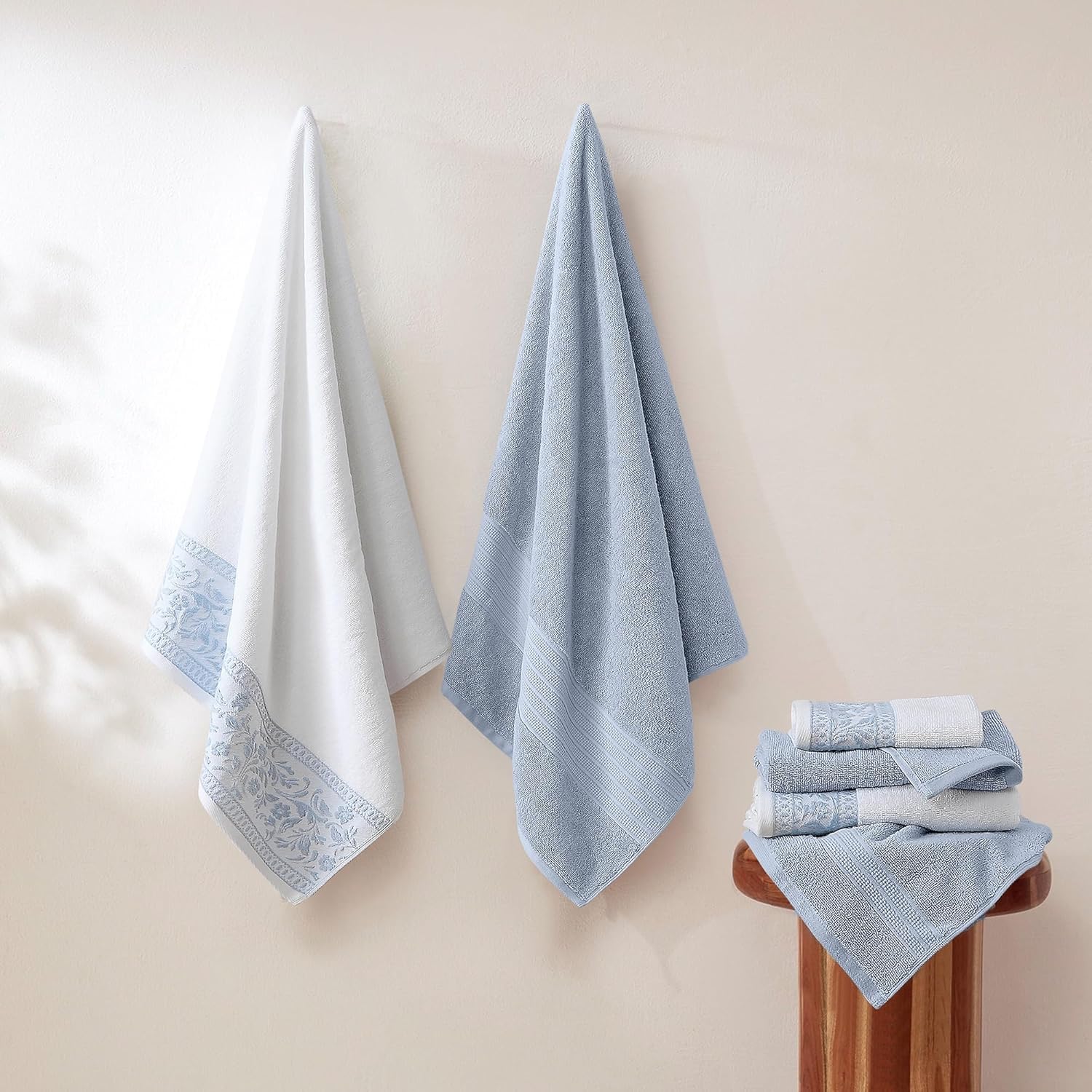 Modern Threads Allie 6-Piece 100% Cotton Towel Set – Jacquard Floral Border – Includes 2 Bath Towels, 2 Hand Towels, 2 Washcloths – Absorbent, Quick Dry, Soft & Durable – Light Blue