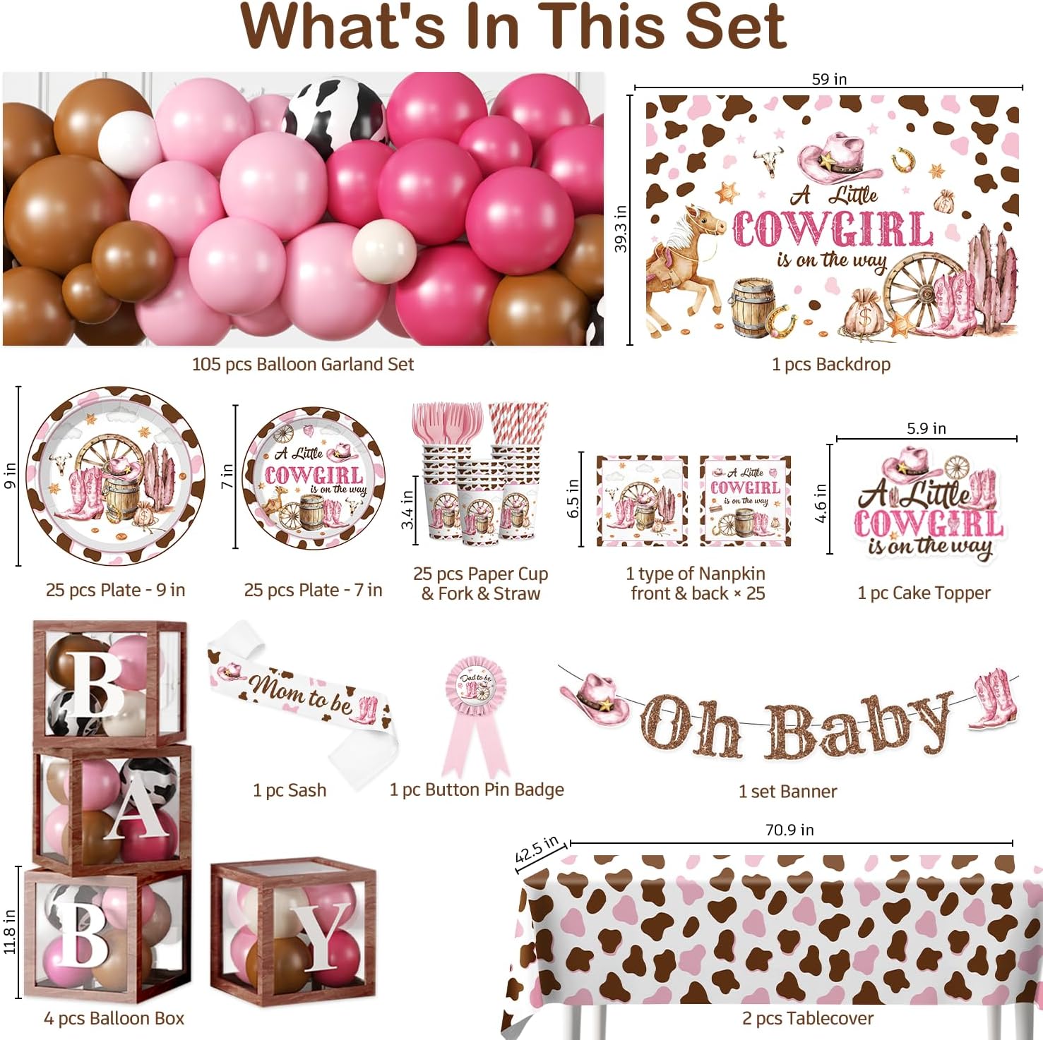 266pcs Cowgirl Baby Shower Decorations for 25 guests, Worry-free One-stop Set Includes Thick Plates Backdrop Sash and Badge, Western Baby Shower Decorations for Girl