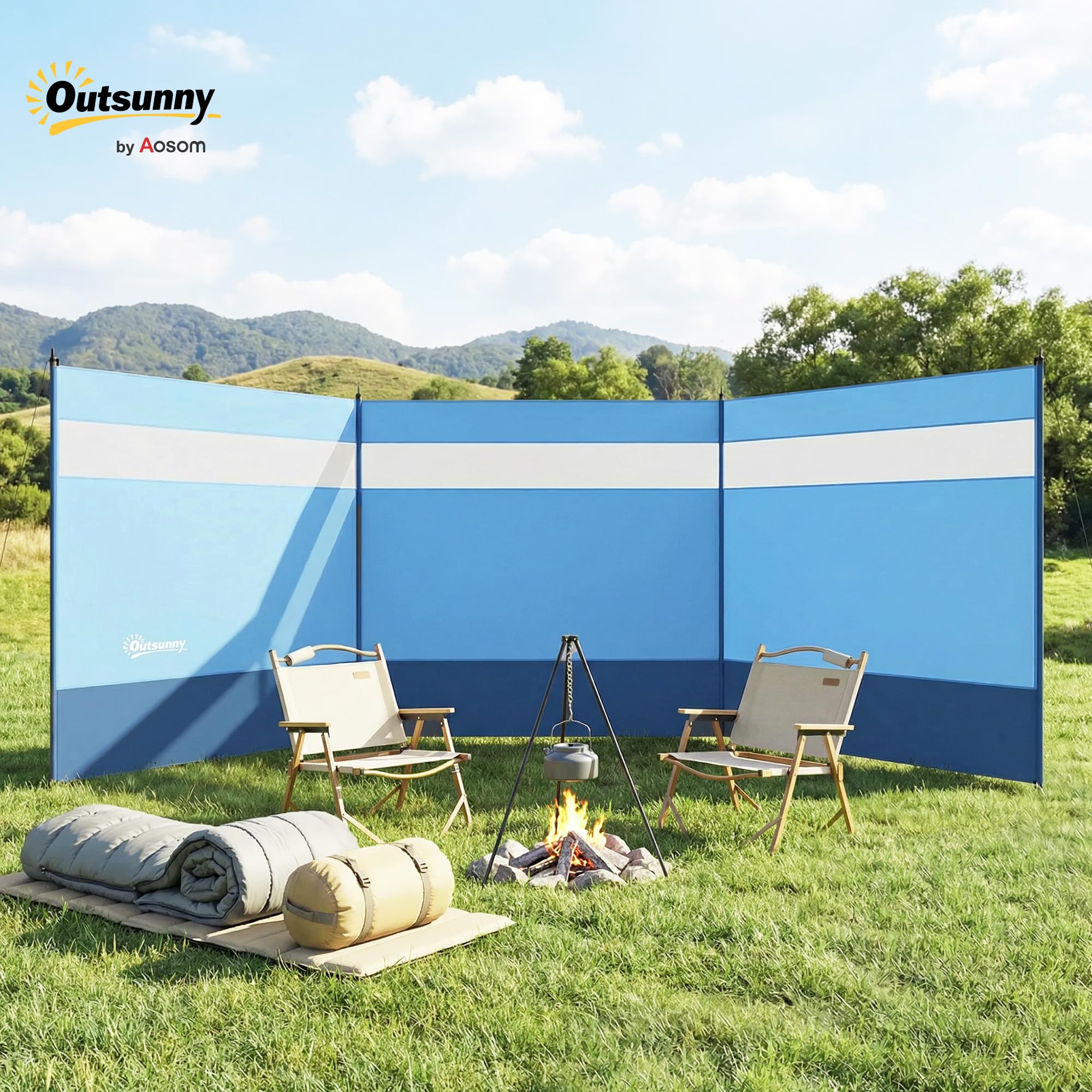 Outsunny Parawan plażowy składany z oknem 440x140 cm niebieski | Osłona prywatności kempingowa, paliki, liny, ogrodzenie wiatrowe, ochrona plażowa, do ogrodu i tarasu.