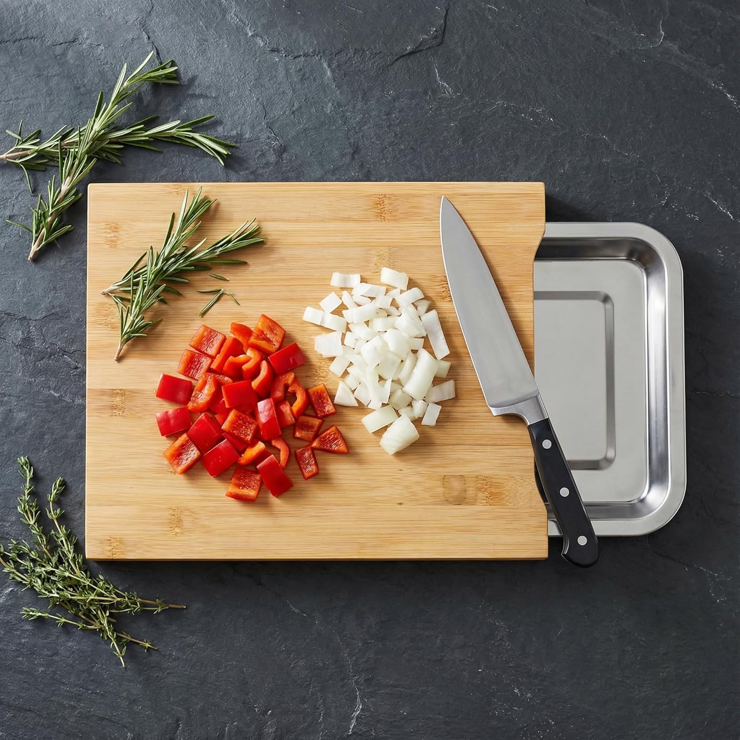 Cortesi Home Isabella Natural Bamboo Cutting Board With Removable Stainless Steel Tray, 13x10