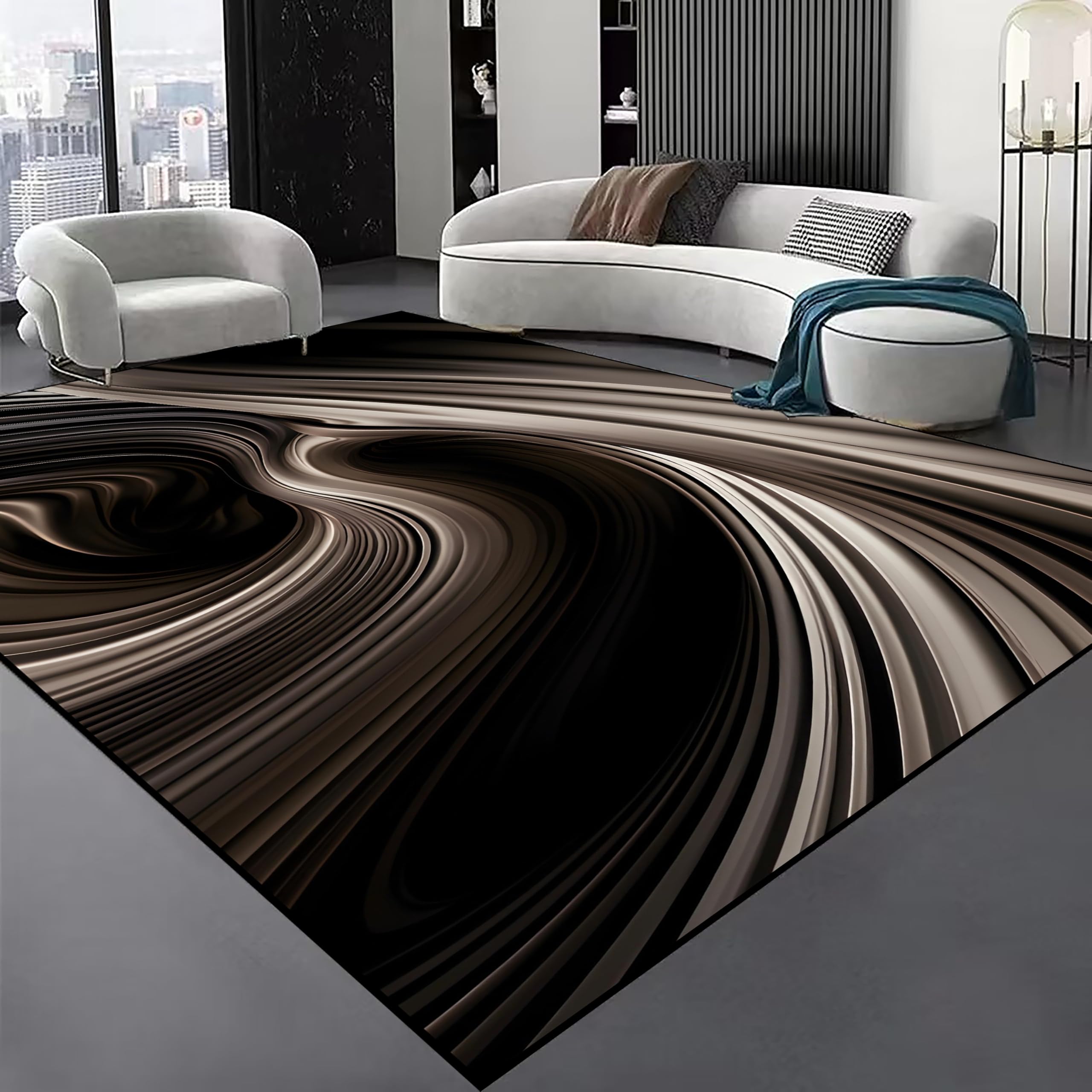 3D Optical Illusion Area Rug 6x9ft - Brown Abstract Gradient Lines Design, Non-Slip Washable Rug for Bedroom/Dorm/Laundry/Dining Room - Durable