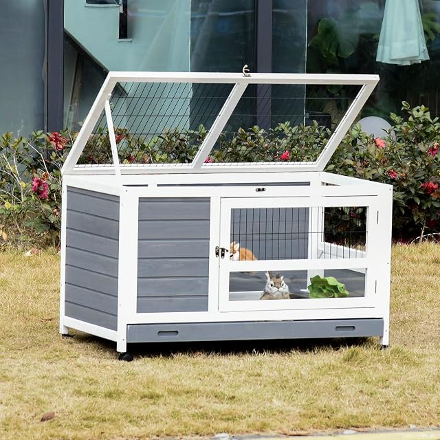 Foto 2 de 8 de PawHut Conejera de Madera Caseta de Interior para Mascotas Pequeñas 2 Pisos con Ruedas Bandeja Extraíble…