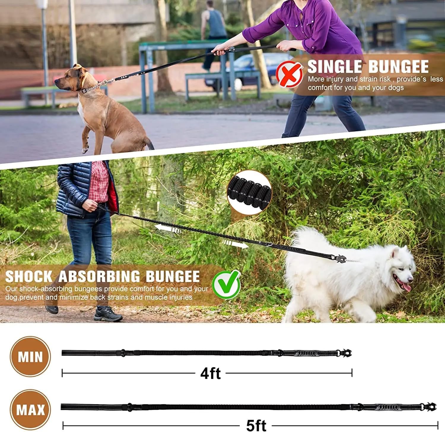 Heavy Duty! CYEN Dog Leash - 4ft to 5ft Adjustable Shock Absorbing Bungee Leash - Reflective Strips - Reliable Frog Clip - Comfortable Diving Cotton Handle - Car Safety Buckle for Safe Travel (Green)