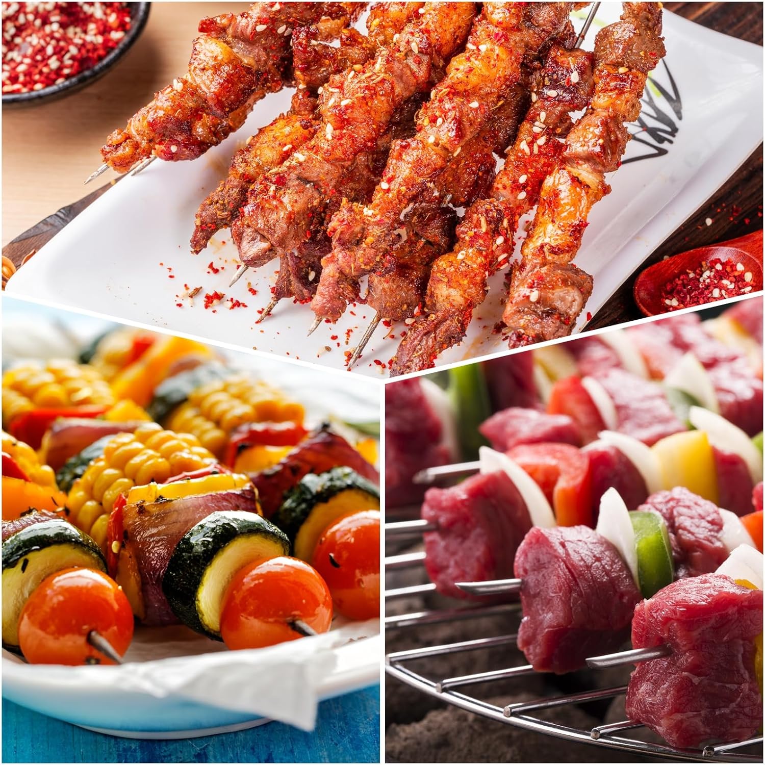 HARFINGTON 16pcs Metal Kebob Skewers 17.72" 5.92mmx1.66mm Stainless Steel Flat Sticks with Plastic Black Grip Handle Reusable BBQ Barbecue Skewers for Meat Fruit Vegetables