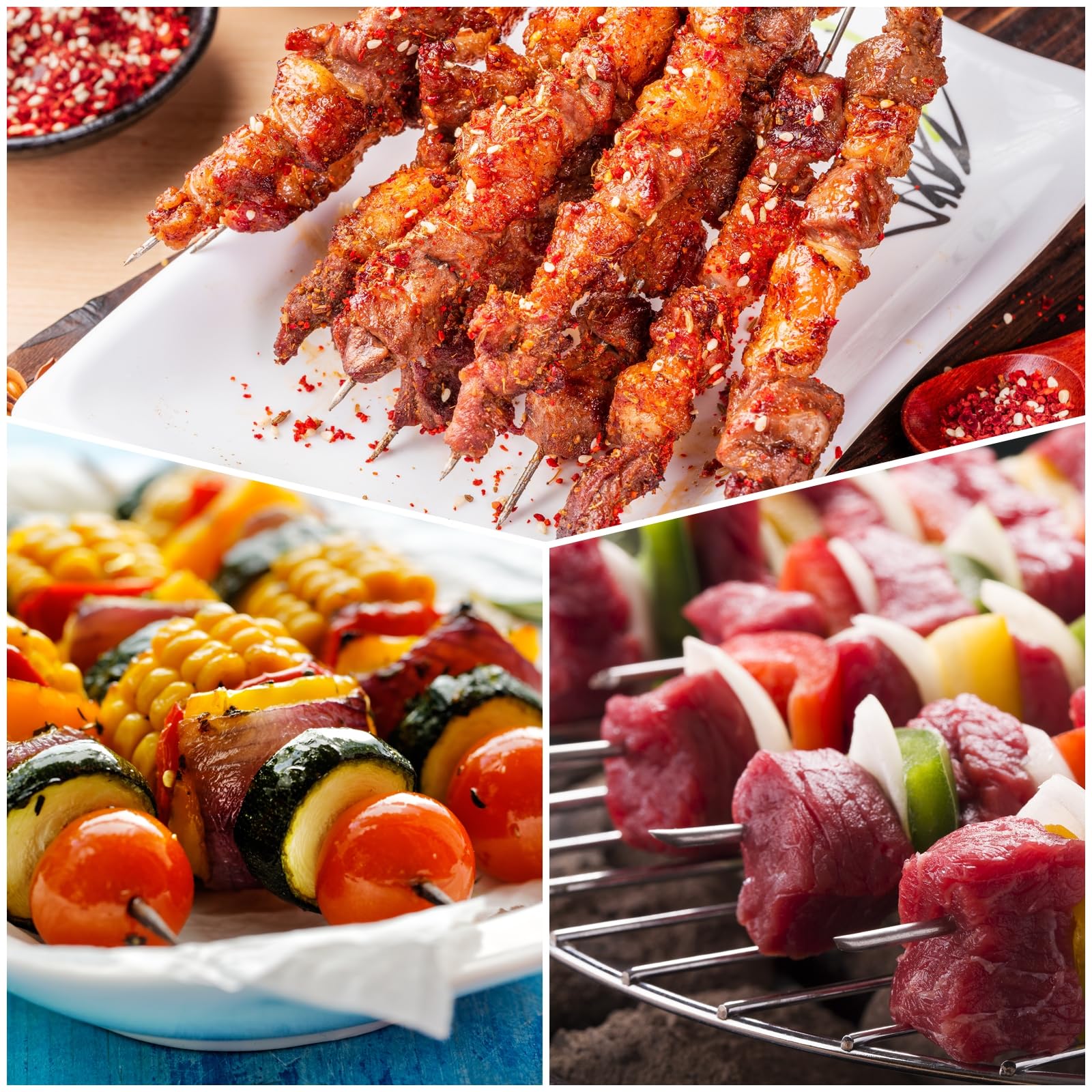 Spiedini per barbecue e kebab, 40 cm, in acciaio inox, lunghi e piatti, riutilizzabili, per carne, gamberetti, pollo, verdure, confezione da 12