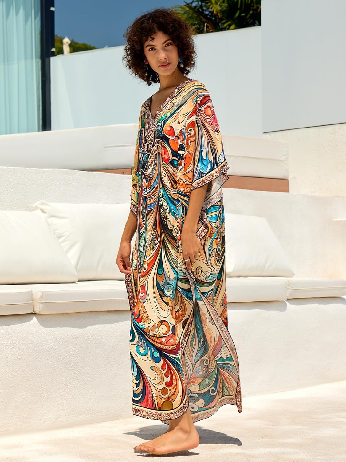 Kaftan Dresses for Women Side Split Caftan Bathing Suit Cover Up Casual Long Beach Loungewear Dress - Image 8