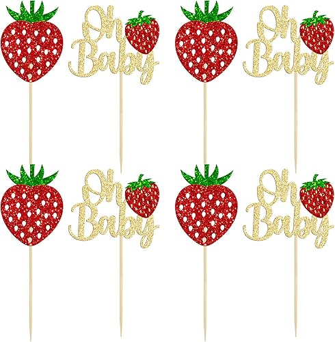 Miniatura 3 de Ephlyn Paquete de 24 adornos dorados para cupcakes Sweet Oh Baby de fresa, para baby shower, cumpleaños, cumpleaños, cupcakes, suministros de fiesta