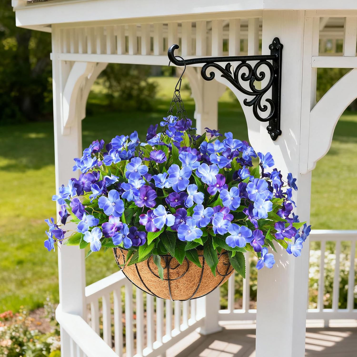 Artificial Impatiens Flowers for Outdoors, 6 Bundles Silk Fake Flowers for Spring Summer Decoration, UV Resistant Faux Plants Plastic Bouquet for Home Planter Porch Patio Yard Decor(Double Blue)