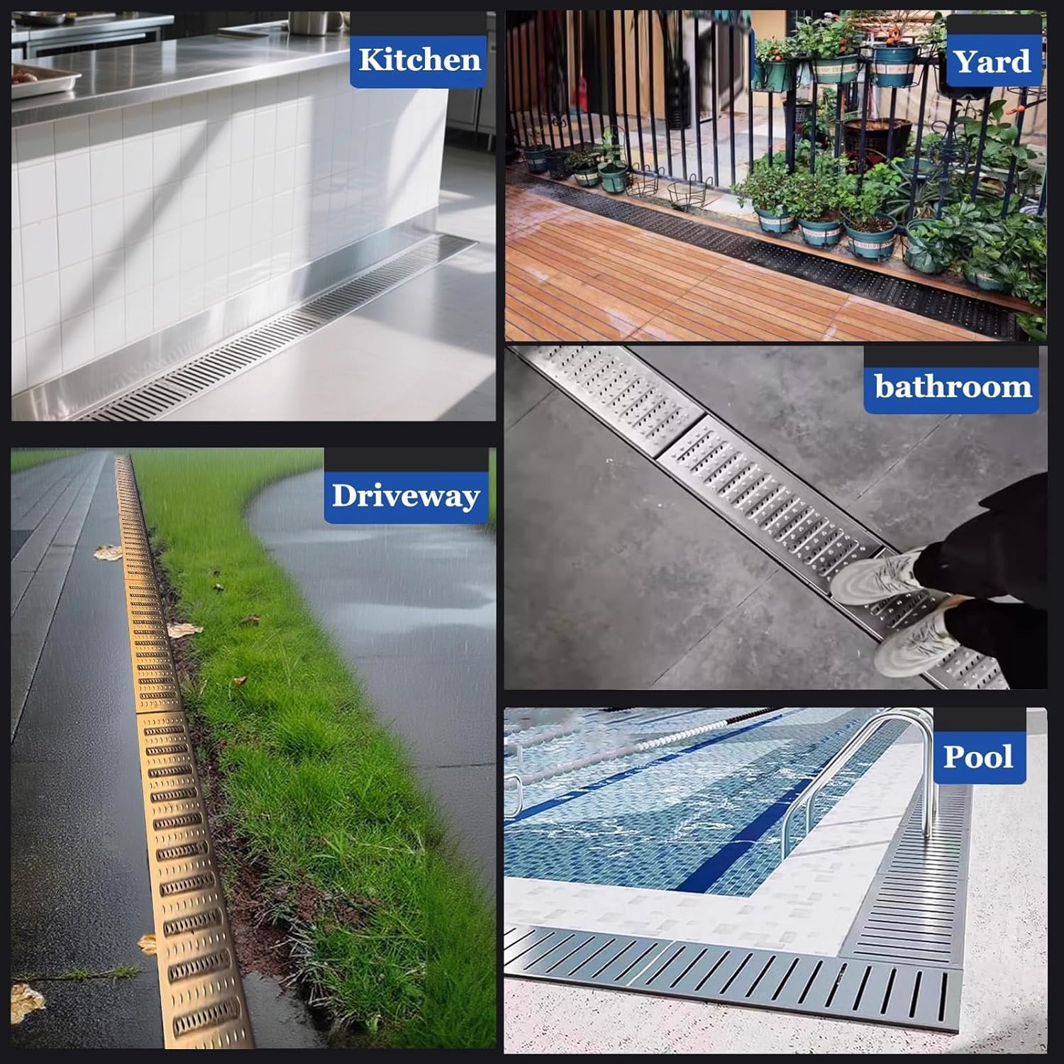 Concrete Permeable Grating Stainless Steel Grating Heavy-Duty Swimming Pool Deck Drainage Channel Underground Drainage Trough(39.4x9.85x9.85in)