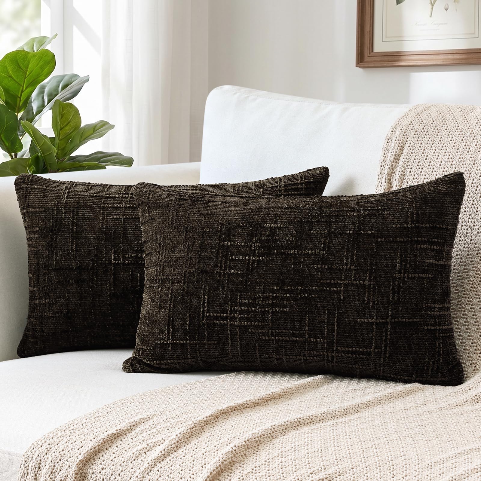 Sungeek Pack of 2 Chenille Textured Cushion Covers 40x60cm, Farmhouse Solid Dyed Throw Pillow Case Cover, Decorative Lumbar Cushion Case for Home Decor Couch Sofa Bed Living Room, Dark Brown — image 1