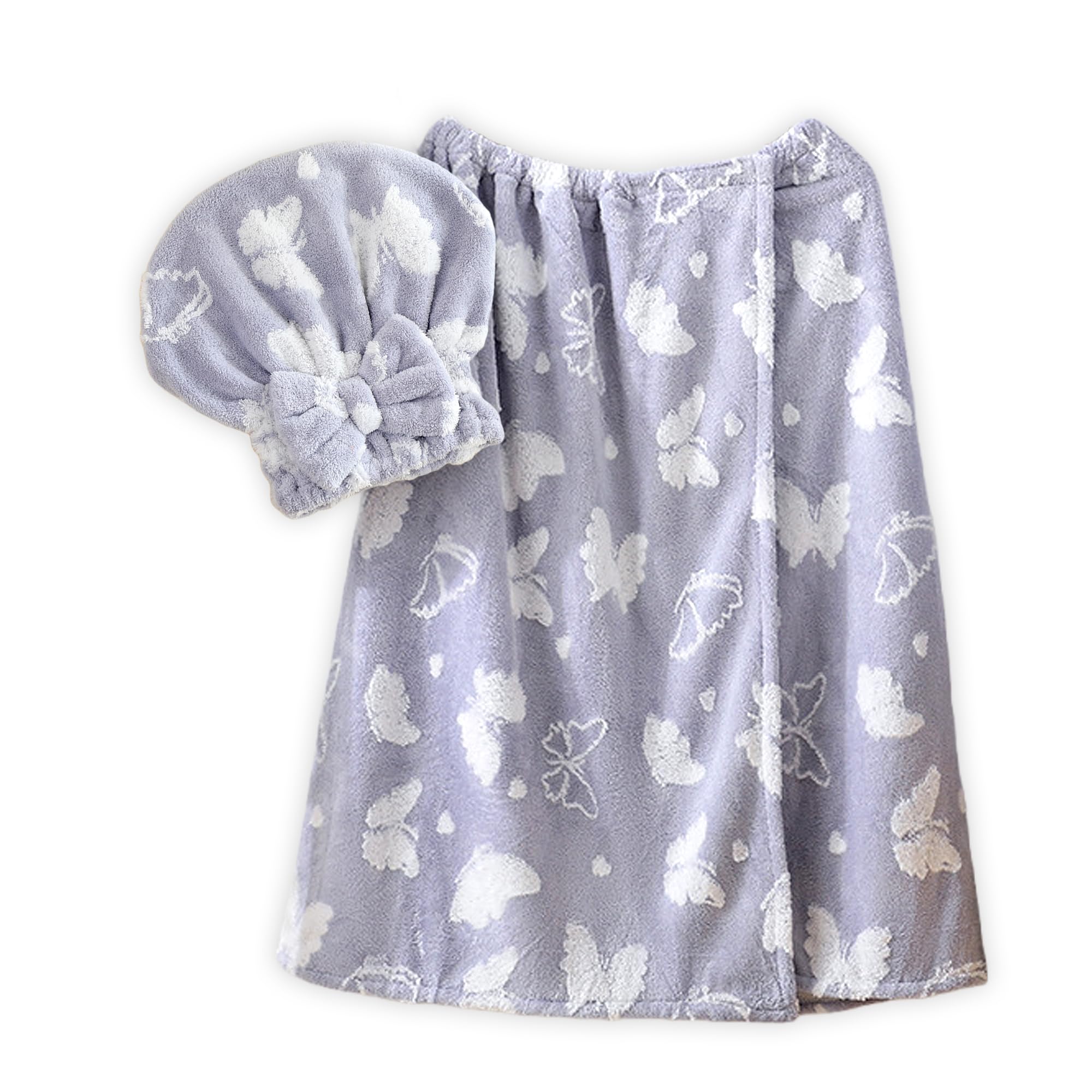 UINSUE Soft Coral Fleece Bath Skirt & Hair Drying Cap Set with Jacquard Butterfly Bow Design Quick Dry Wearable Towel for Home Spa (Purple)
