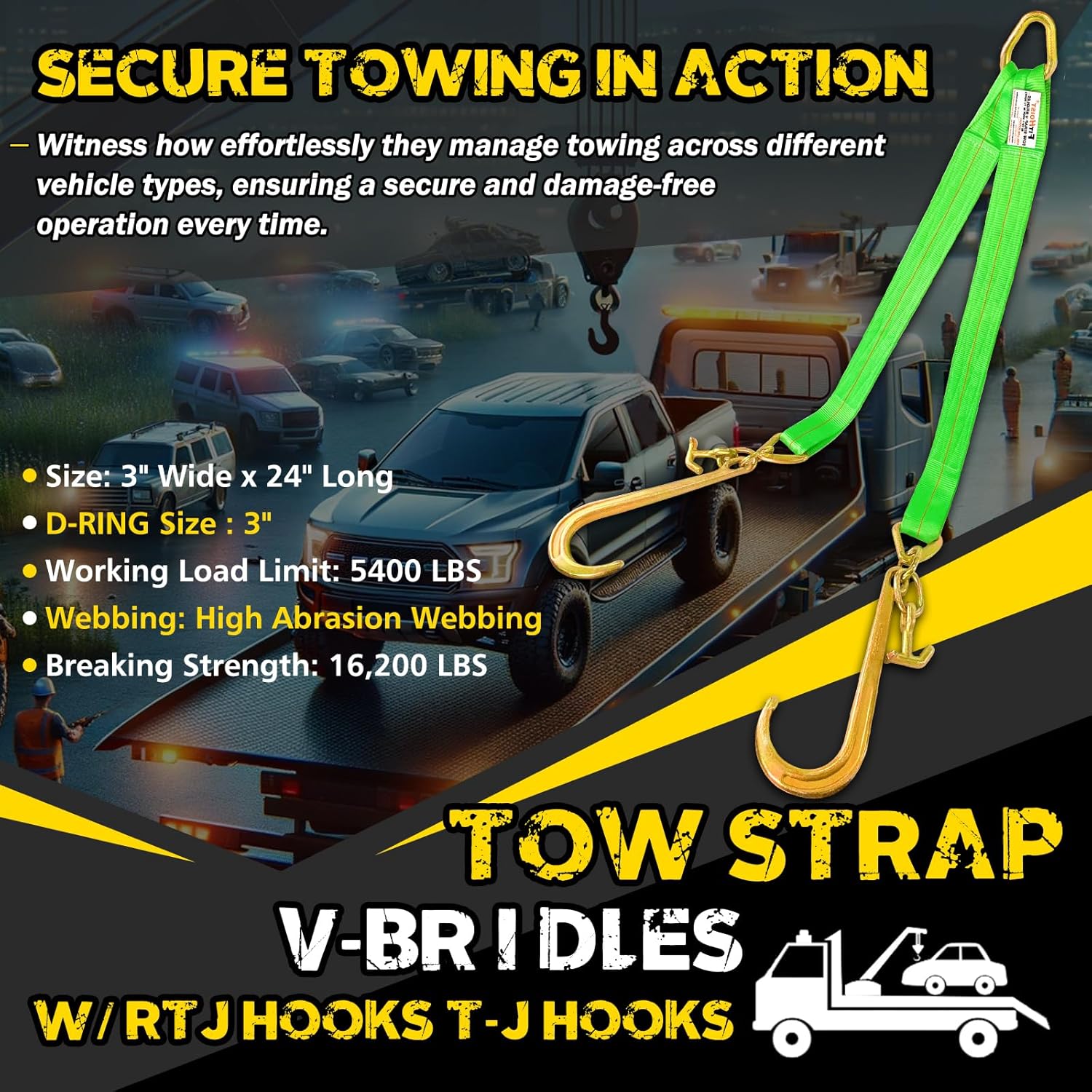 V Bridle Tow Strap w/ 15'' J & T-J Hooks | 3" x 36'' Recovery V-Strap, Hi VIZ Green Webbing, 5400lbs WLL | Heavy Duty Tow Straps w/Reinforced Webbing for Towing, Car Hauler, Wrecker, Rollback