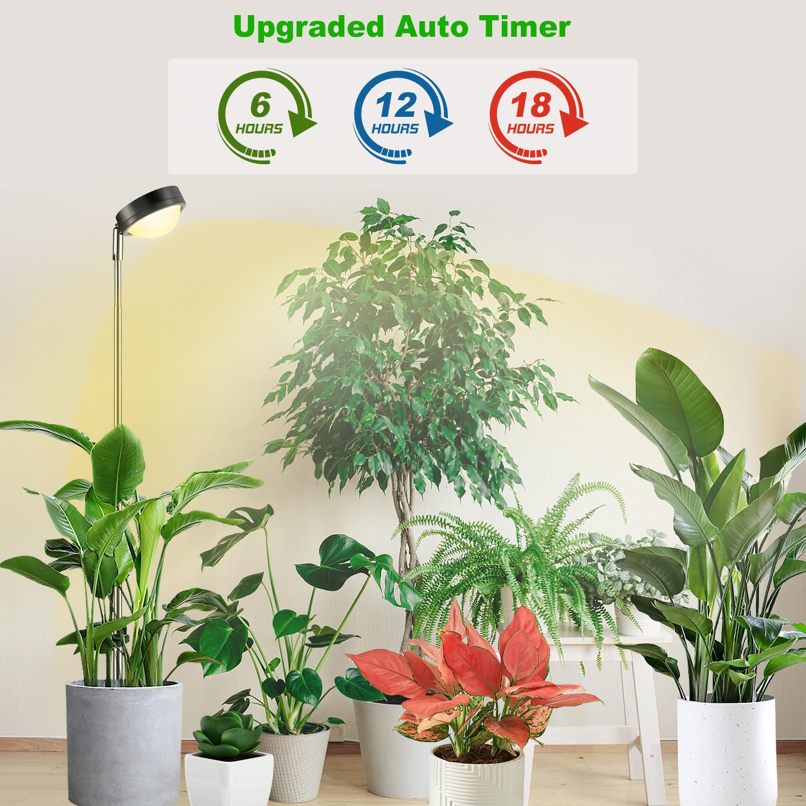 Lámpara de Plantas con Lente Óptica Luz de Crecimiento con 6/12/18H Temporizador Lámpara de Cultivo de Espectro Completo 4000K Ajustable en Altura para Plantas Altas y Grandes