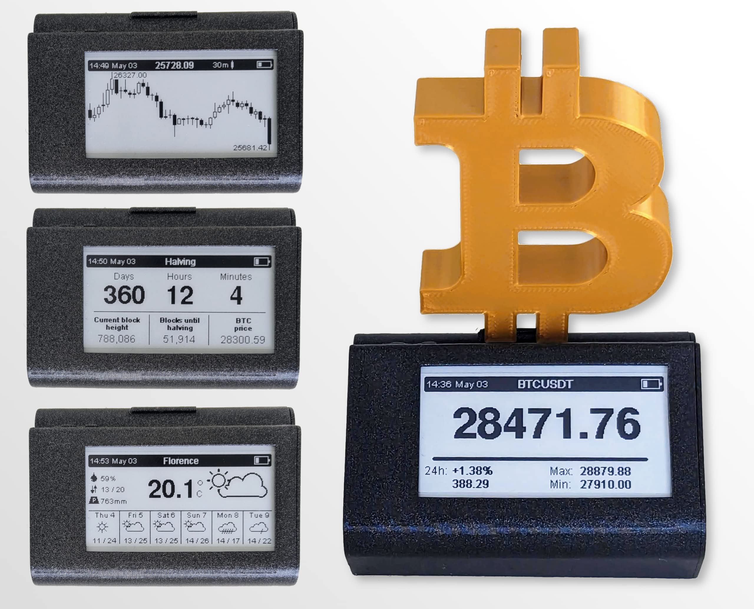 CryptoGadgets v3 - Affichage électronique multifonction, WiFi, version  Bitcoin. Prix en temps réel, graphique en bougies, Halving countdown,  météo, stats sociaux et plus (Gold) : Amazon.fr: High-Tech