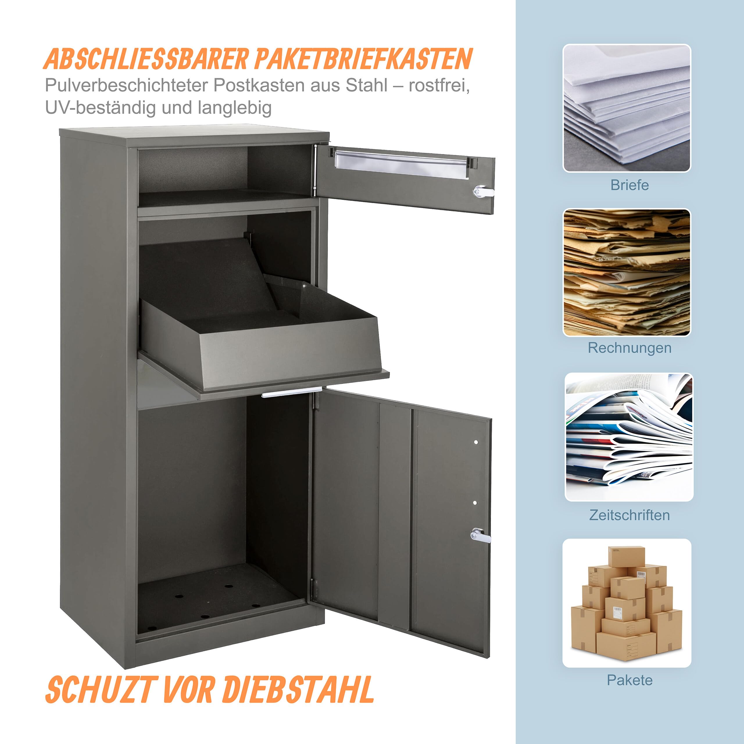 Relaxdays Briefkasten mit Paketfach, 4 Schlüssel, HxBxT: 112 x 50 x 37 cm, Eisen, freistehender Postkasten, dunkelgrau