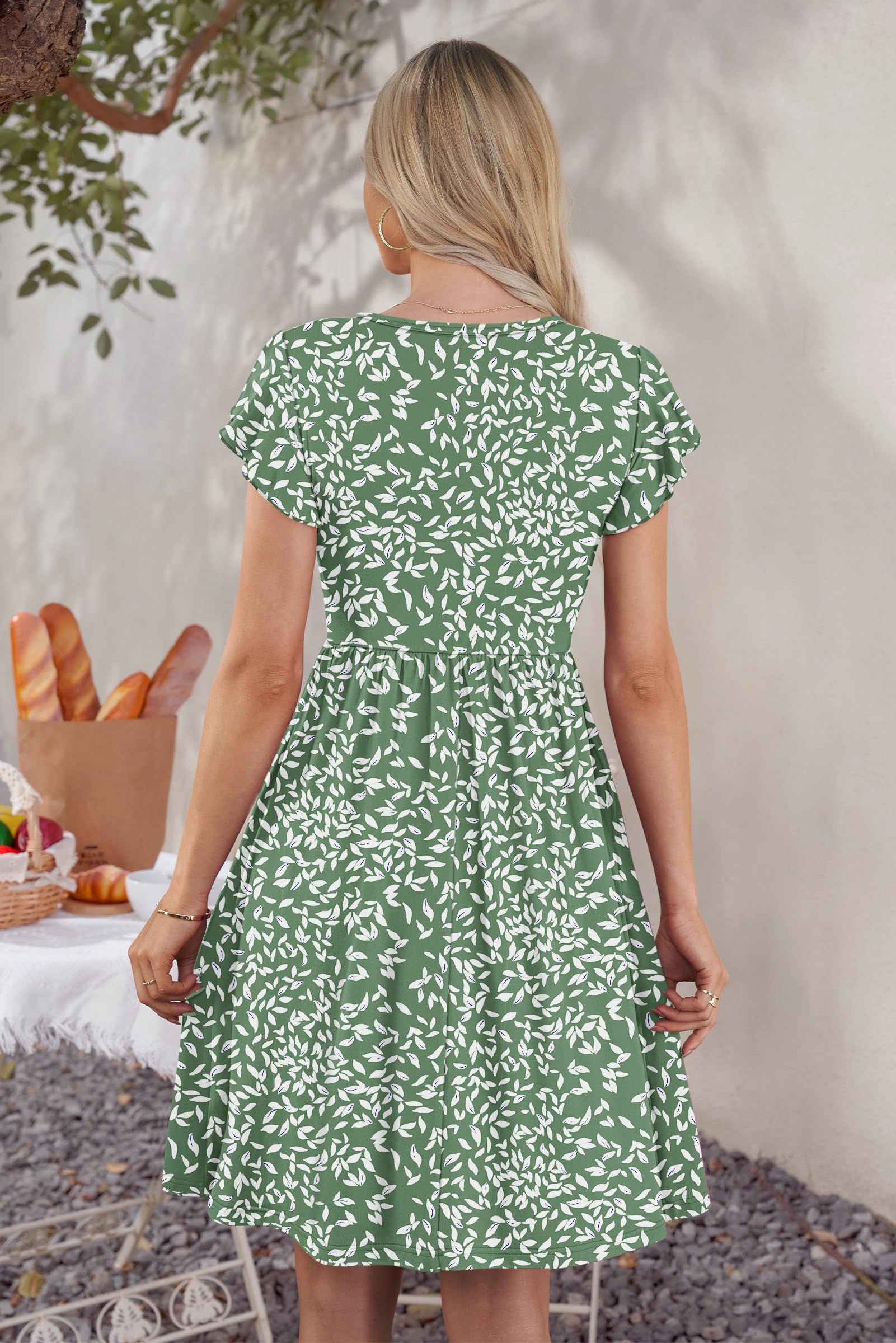 MOLERANI Ropa De Verano Femenina Manga Lateral De Volantes Cuello V Balanceo Casual Cintura Elástica Bolsillo Vestido De Midi S-2XL