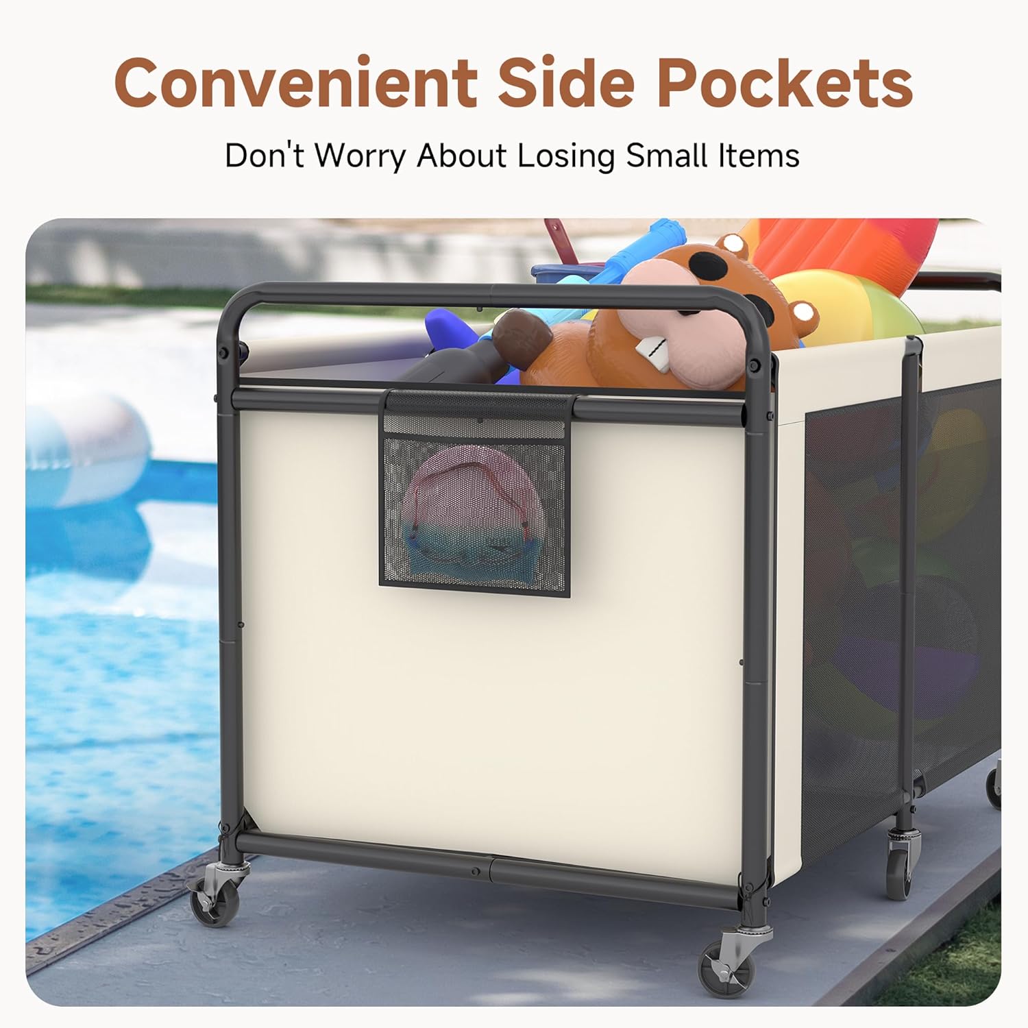 StorageWorks 210 Gallon Pool Float Storage, Mesh Pool Toy Storage Bin with Wheel and Side Pockets, Large Swimming Organizer, Outdoor Noodles Holder, Beige