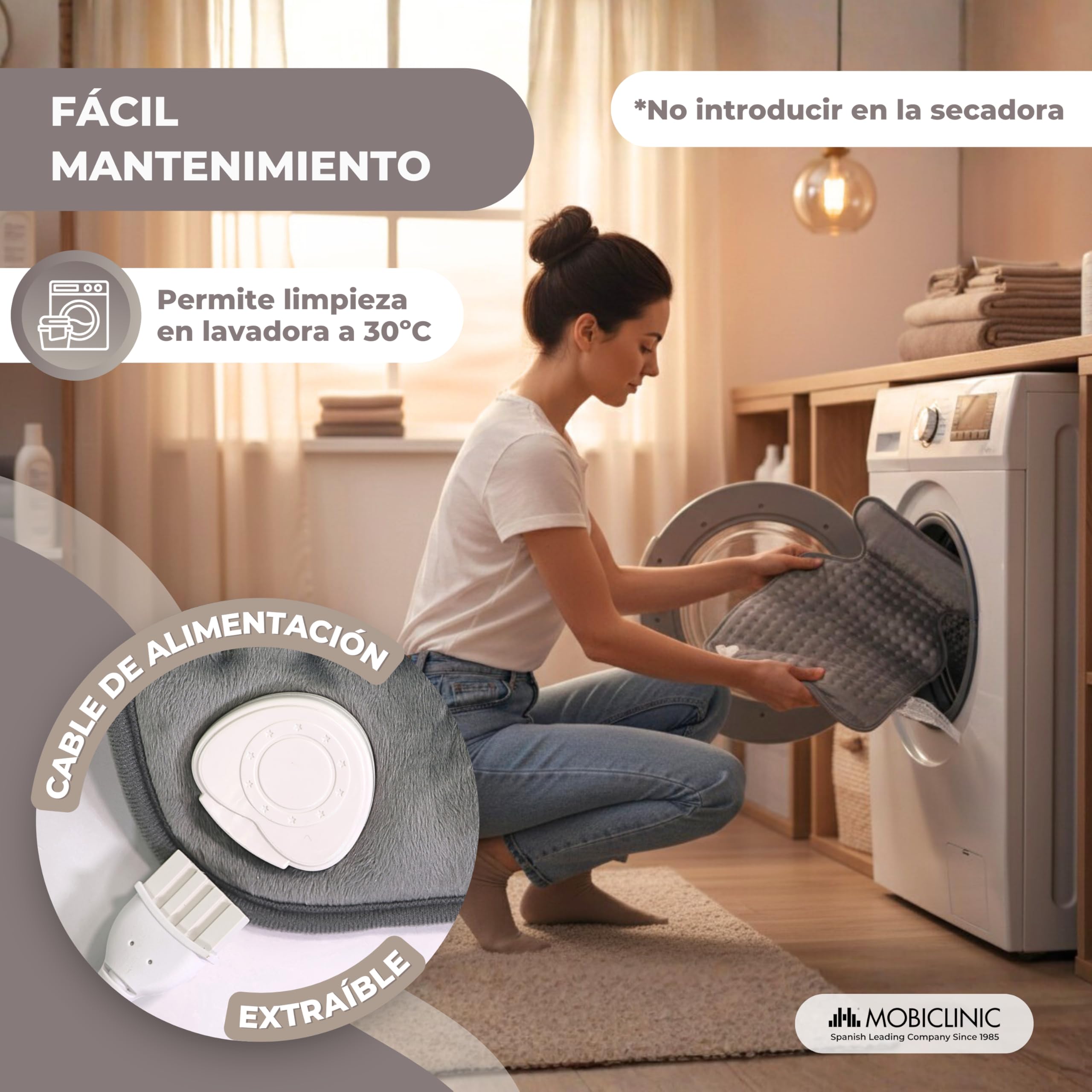 Mobiclinic, Almohadilla eléctrica, Dorsal y cervical, 62x43, Muy bajo consumo, 100w, Térmica, 3 niveles de calor, Apagado automático, Lavable, Para espalda, Esterilla
