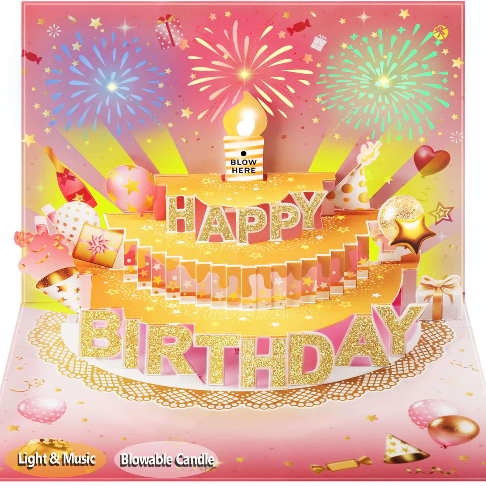 3D Pop Up Birthday Card with Lights and Sound, Blow Out LED Candle with Sensor, Singing Musical Greeting Card for Men, Women, Kids — image 1