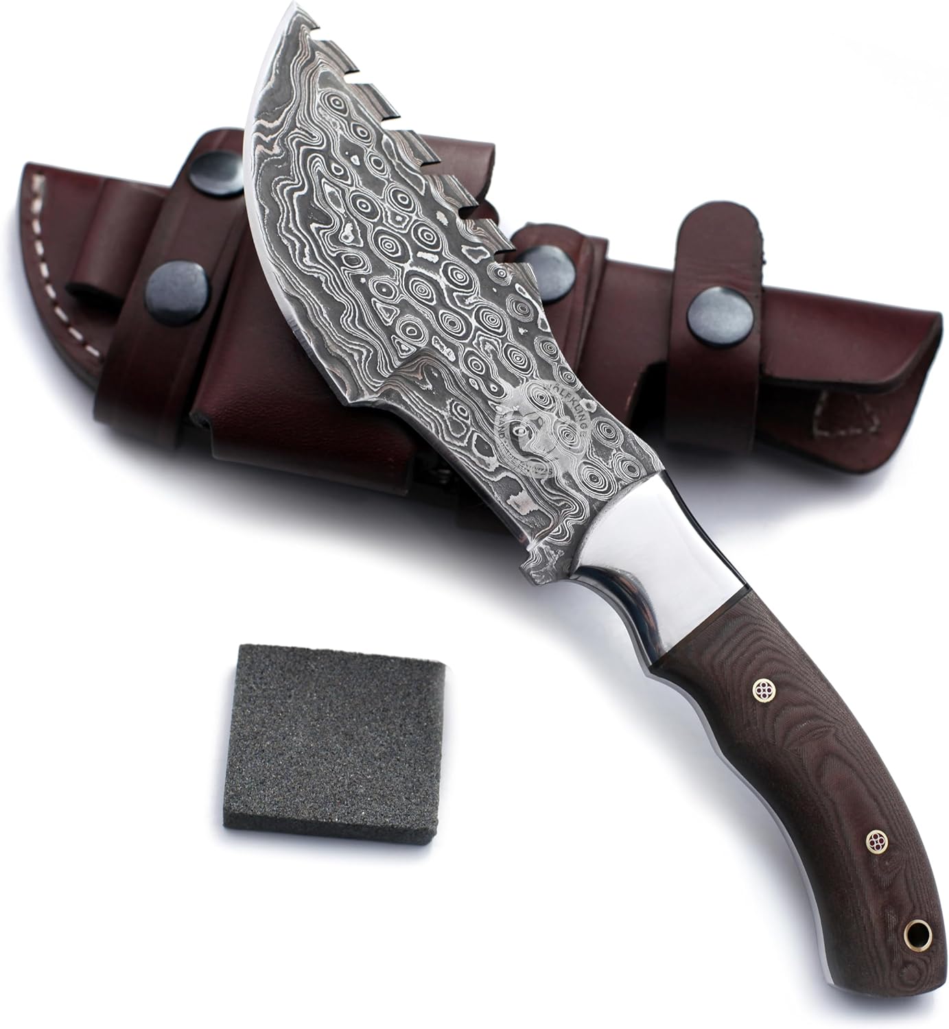 Handmade Damascus Steel Tracker Bowie Knife for Edc,Hunting,Bushcraft,Survival,Camping and Fishing with Saw Back Blade and Sharping Stone-Full Tang-Micarta Handle with Cowhide-Leather Sheath -DCX17-62