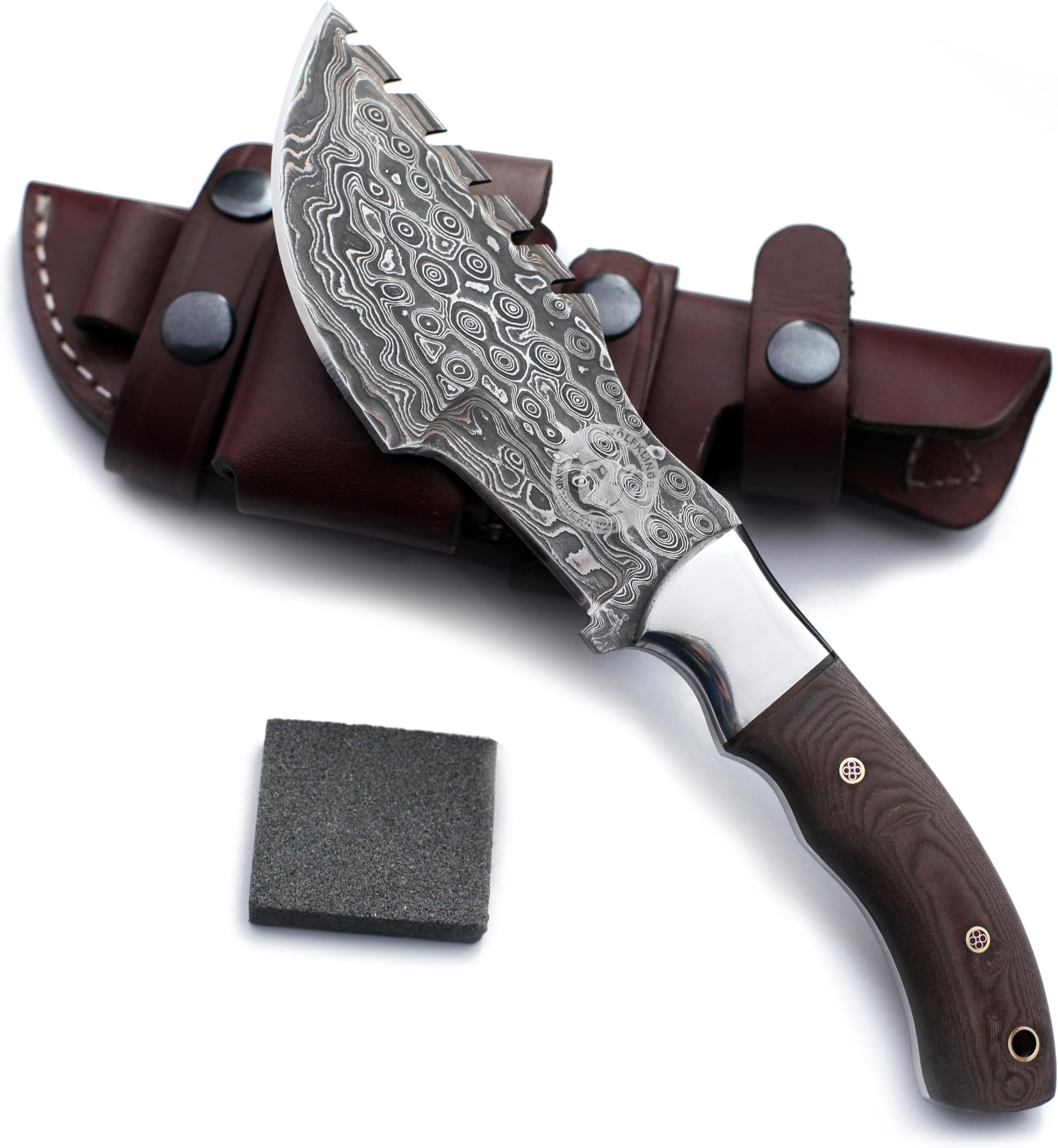 Handmade Damascus Steel Tracker Bowie Knife for Edc,Hunting,Bushcraft,Survival,Camping and Fishing with Saw Back Blade and Sharping Stone-Full Tang-Micarta Handle with Cowhide-Leather Sheath -DCX17-62