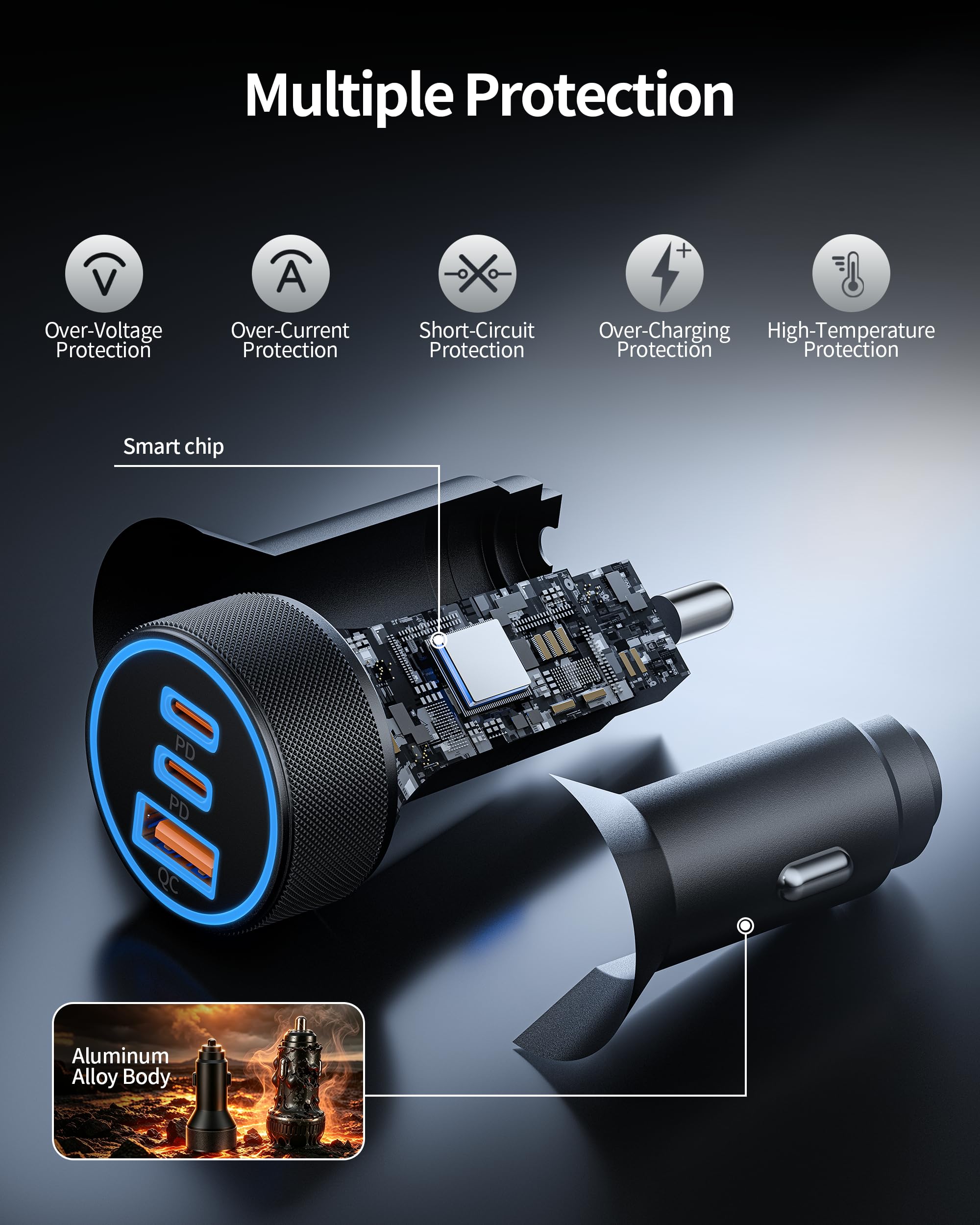 WODENTA Cargador de coche para iPhone 15/16 Pro Max, 67 W, 3 puertos, cargador rápido USB C, adaptador de encendedor de cigarrillos con cable USB C a C de 3 pies para iPhone 15/16/Pro Max/Plus/16e