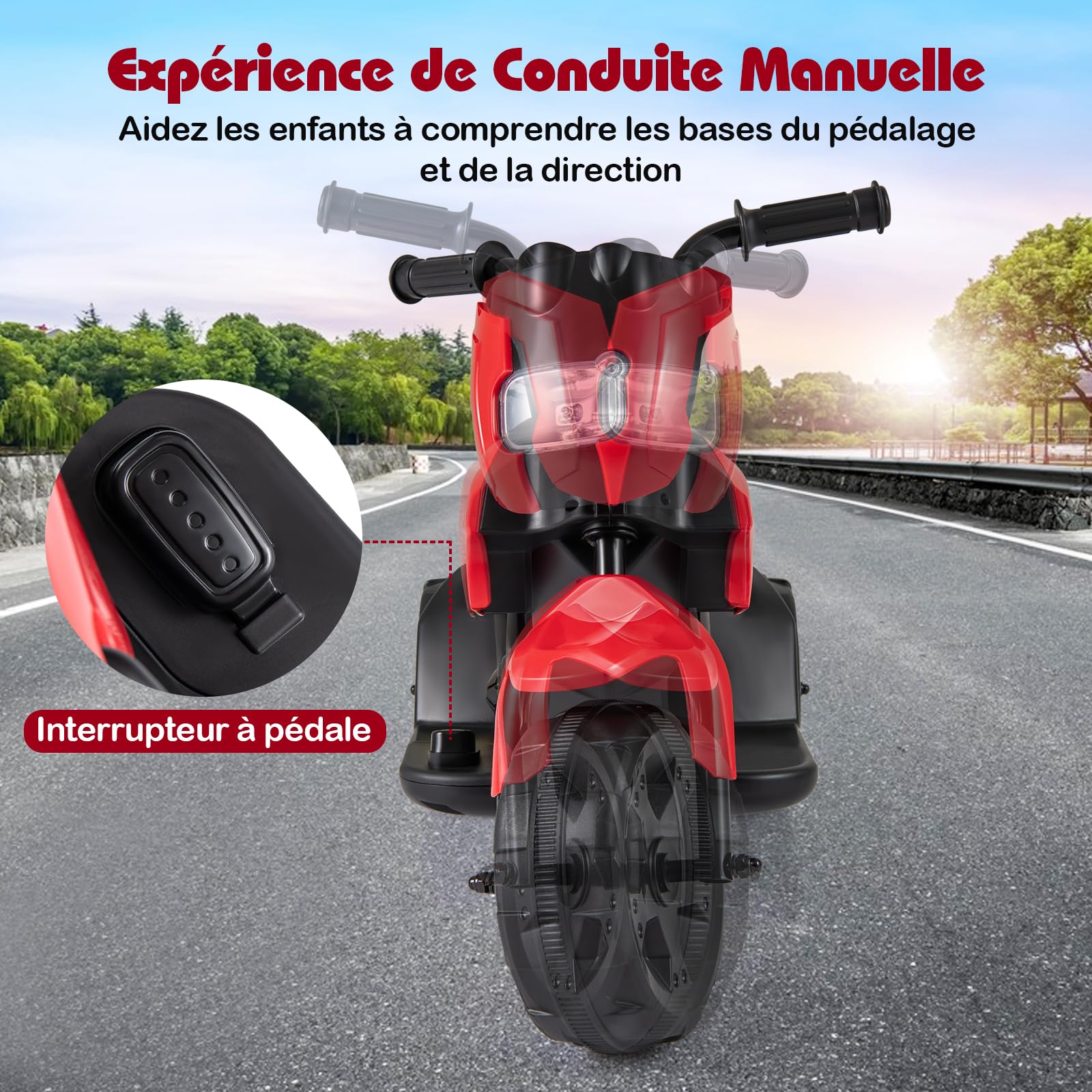 GOPLUS 6V Moto Électrique Enfants 3-6 Ans à 3 Roues, Voiture Electrique Enfant Phare LED, Pédale, Direction Limitée, 2-3 km/h pour Enfants Filles et Garçons, Charge 20KG (Rouge)