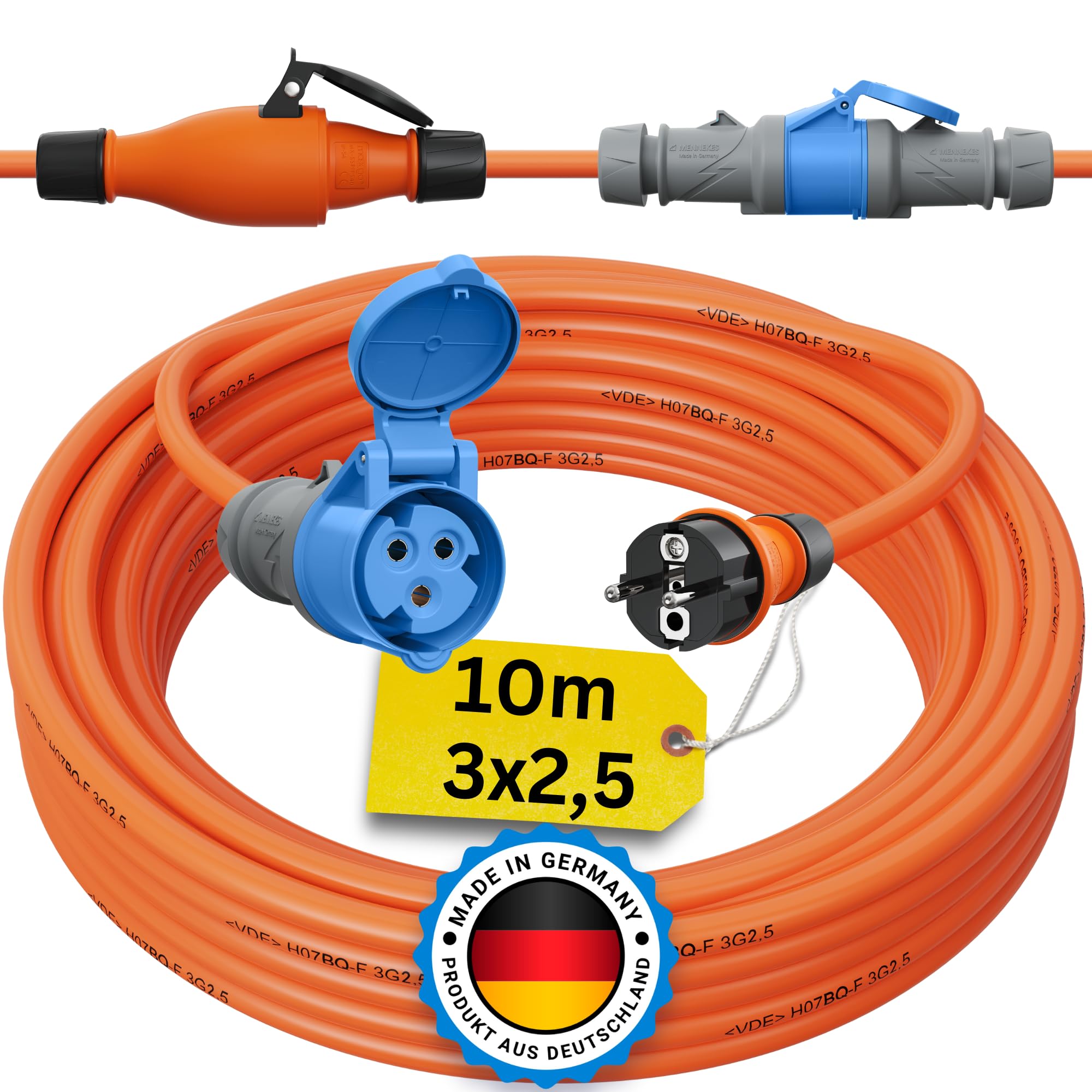 Schuko auf CEE Adapter 10m Camping Stromkabel H07BQ-F 3x2,5 Landstromkabel Wohnmobil Wohnwagen Kabel Camping Adapter 10 Meter Strom Verlängerungskabel CEE-Stecker Campingstecker