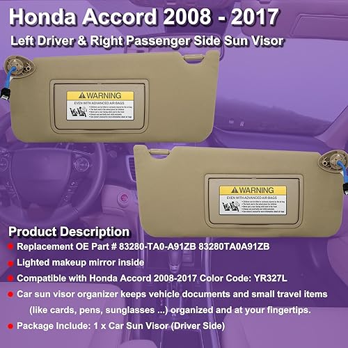 Miniatura 2 de Parasol para el lado del conductor izquierdo y del pasajero derecho compatible con Honda Accord 2008 - 2017 con luz OEM 83230TA0A91ZB beige