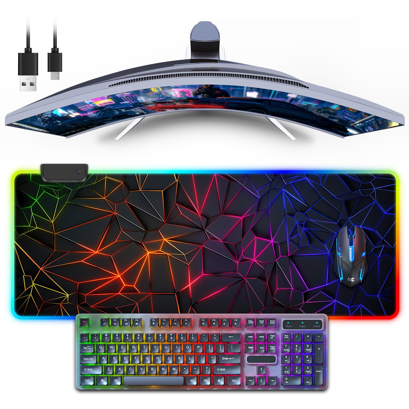 RGB Mouse Pad Gaming Mousepad with 13 Lighting Modes, Extended Computer Keyboard Desk Mat Desk Pad with Non-Slip Rubber Base, Mouse Mat for MacBook, PC & Laptop Desk Decer (RGB-M)
