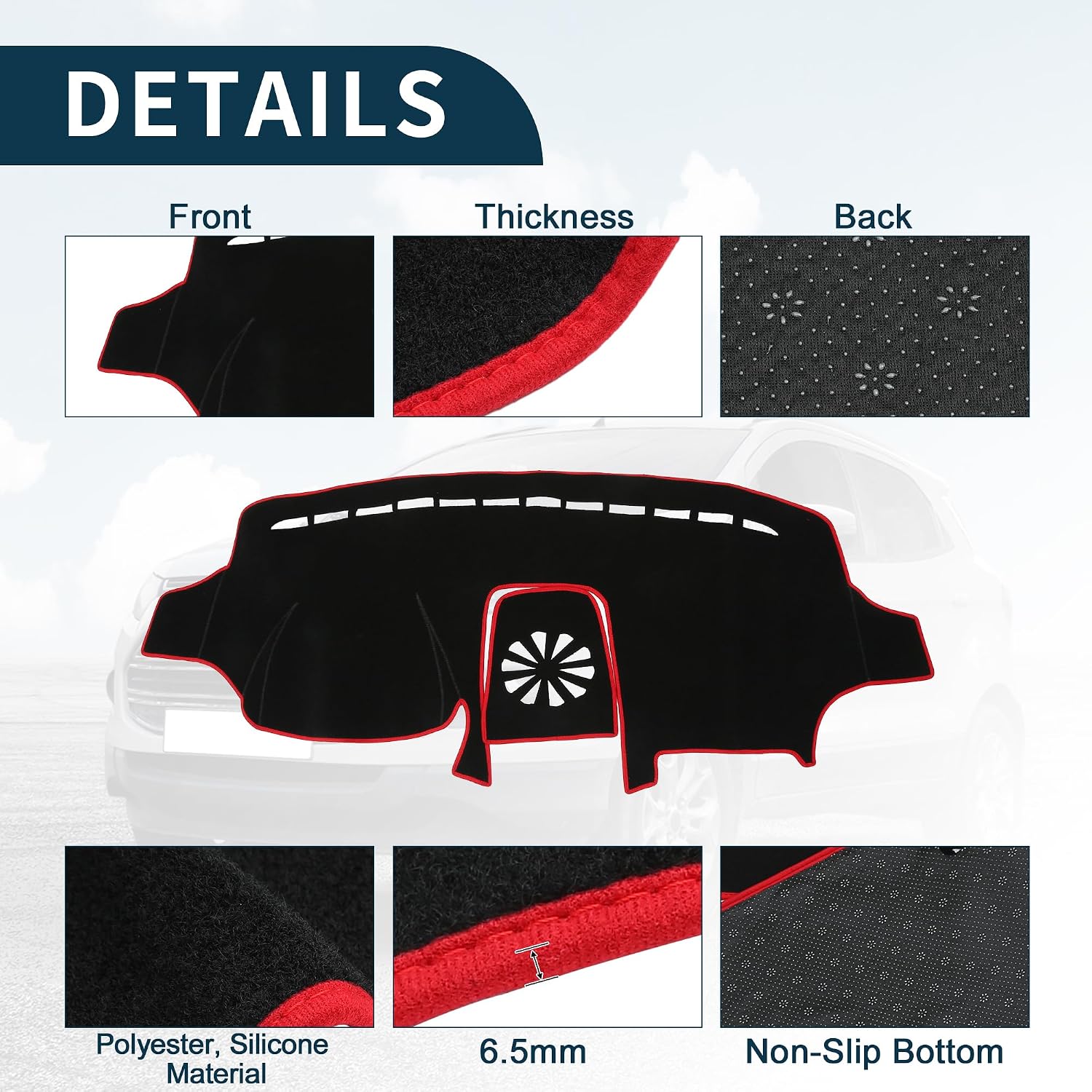 Dash Cover for Ford EcoSport Non-Slip | Center Console Dashboard Cover Mat Black Red 1 Pcs