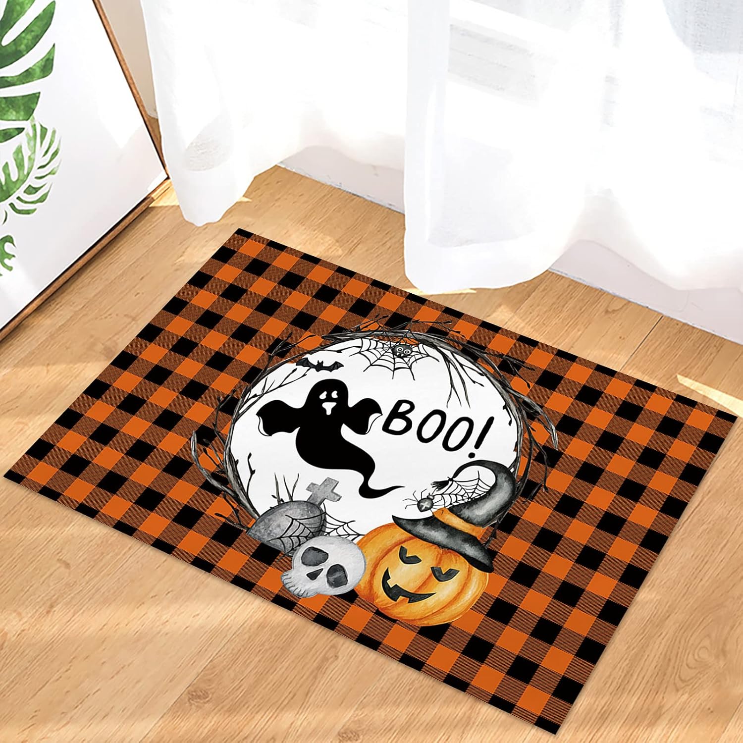 Halloween Boo Doormats Rugs- Ghost Spooky Pumpkin Witches Hat Non-Slip Entrance Door Mats Carpet Indoor for Home/Bathroom/Kitchen/Bedroom,Large 18x30inch, Buffalo Check Plaid Orange Black