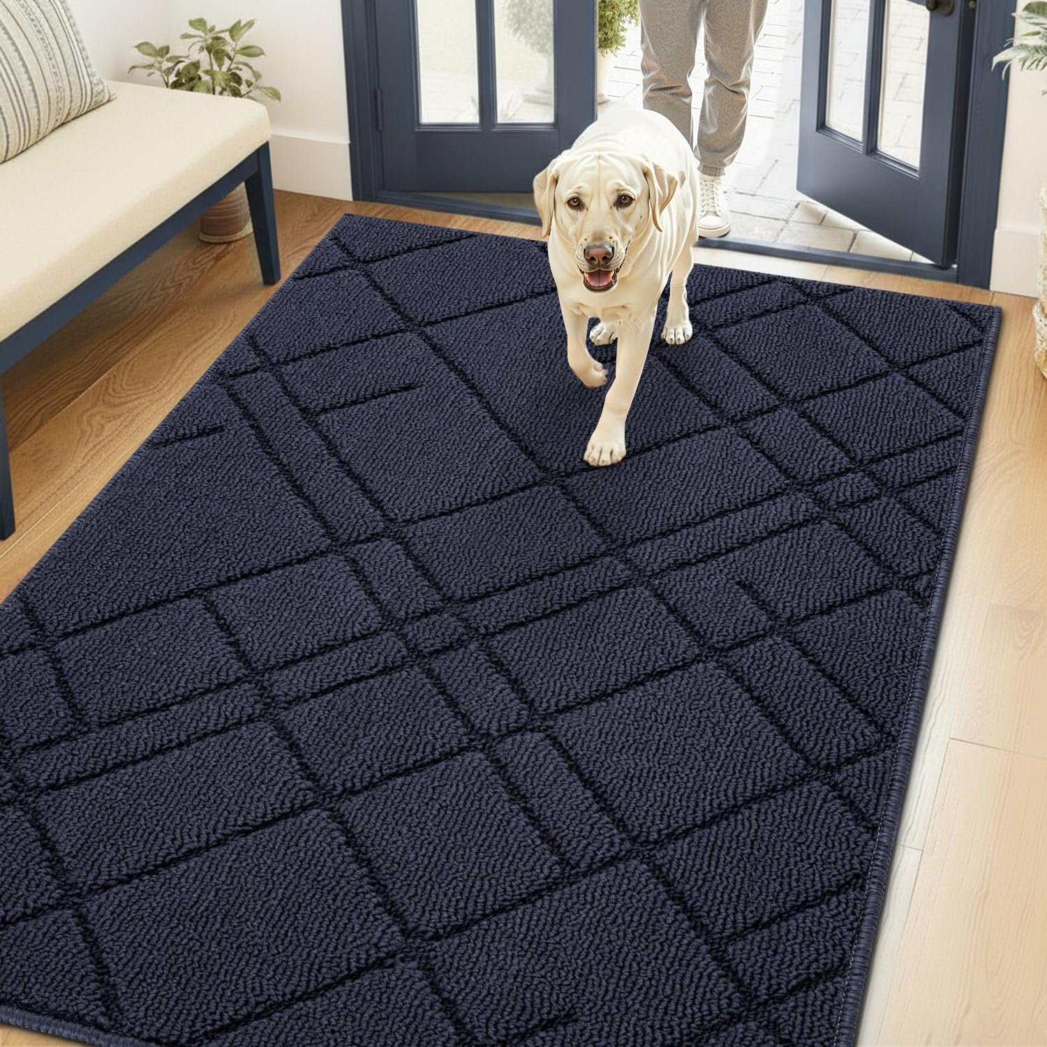 Biscpro Fußmatte Innen 80 x 120 cm Blau Diamantmuster Bodenmatte Waschbar Eingangsteppich rutschfest,Türmatte Teppich Für Eingang, Patio, Flur, Garten, Außen