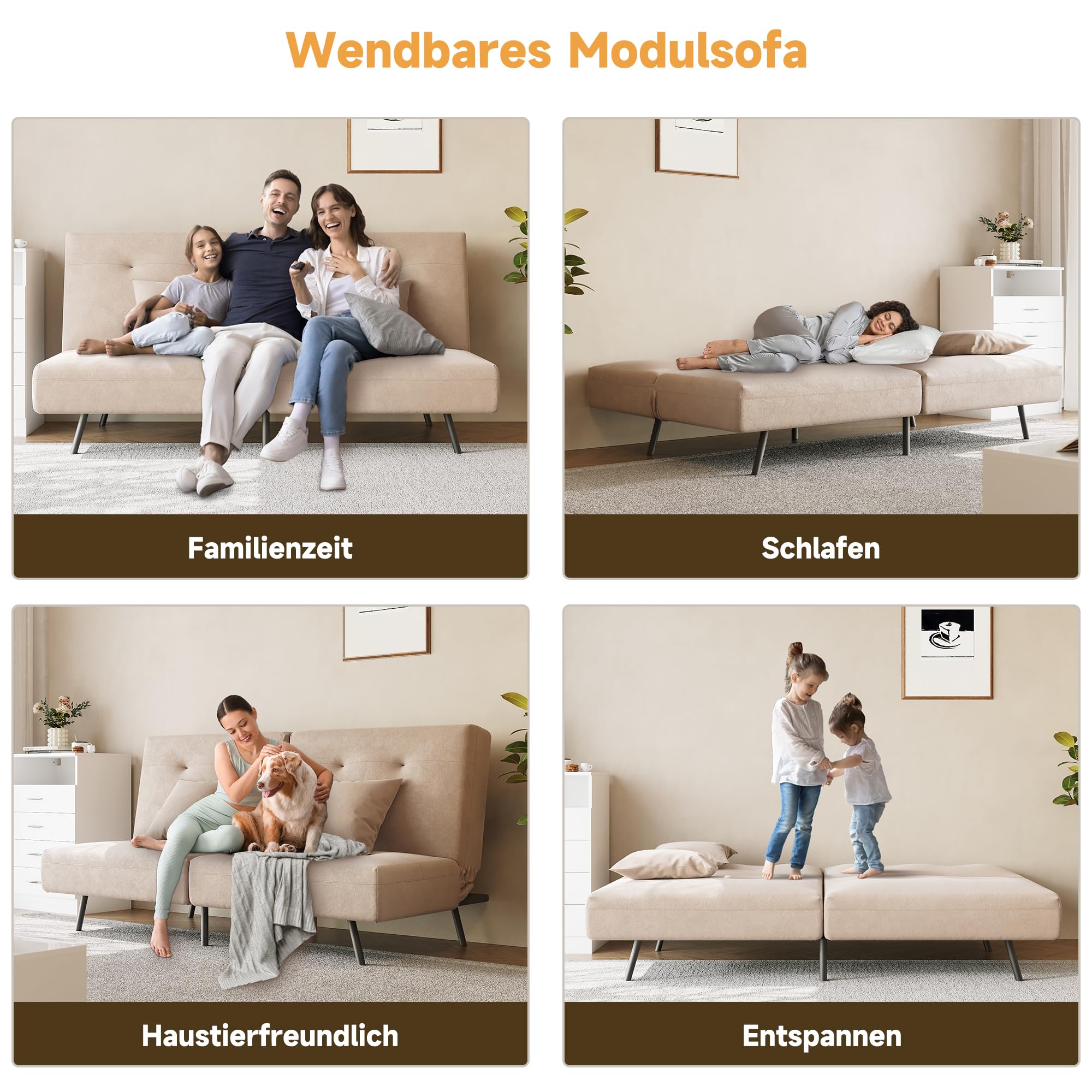 SONNI Sofá cama 3 en 1, sofá cama plegable con respaldo ajustable (100° 135° 180°), 2 cojines, función de sueño, terciopelo bebé, caqui, para salón, habitación de invitados y espacios pequeños, 180 x