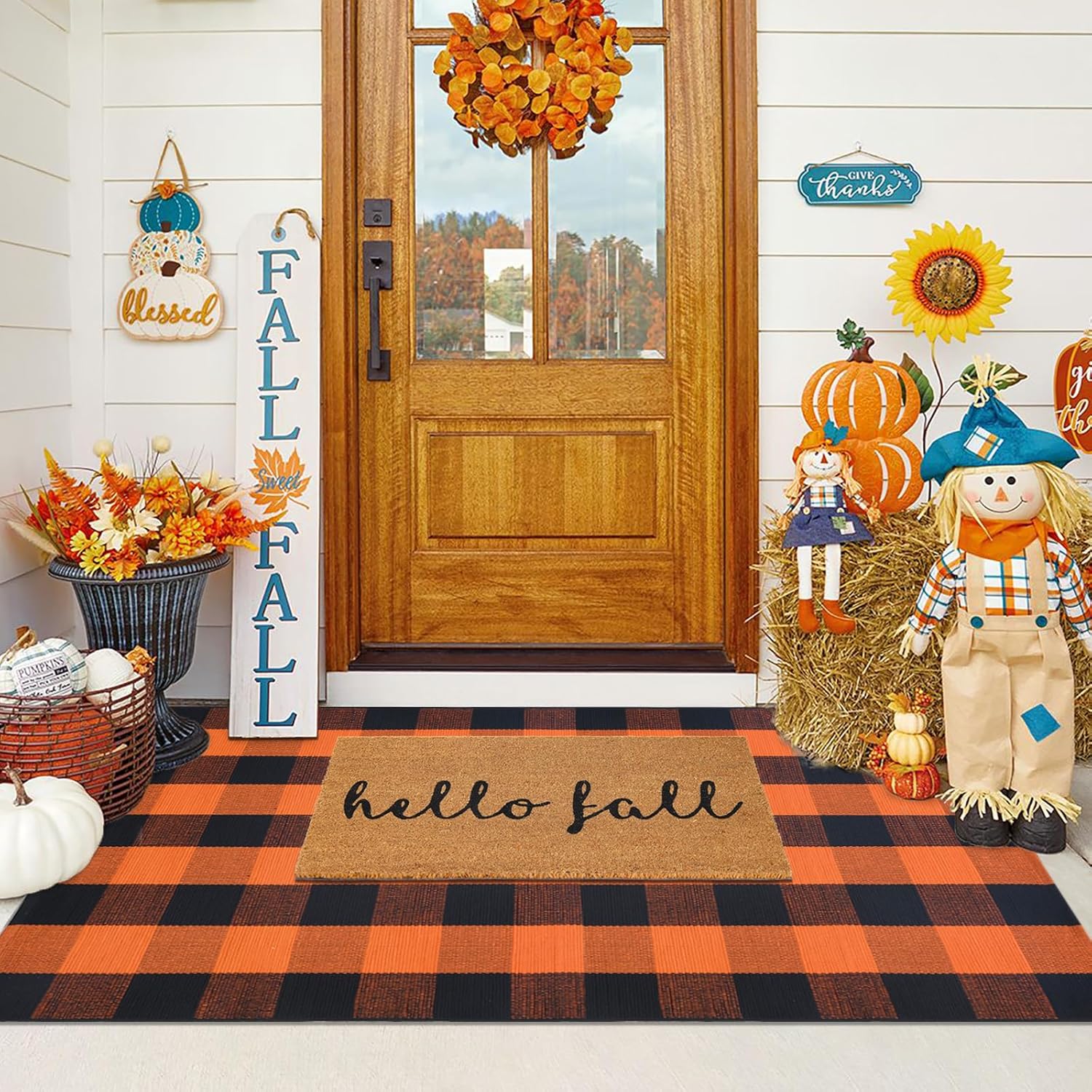 Fall Door Mat Combo Set, Hello Fall Coco Coir Welcome Doormat + 3' x 5' Orange and Black Plaid Rug, Autumn Thanksgiving Front Porch Entryway Decor Floor Mat